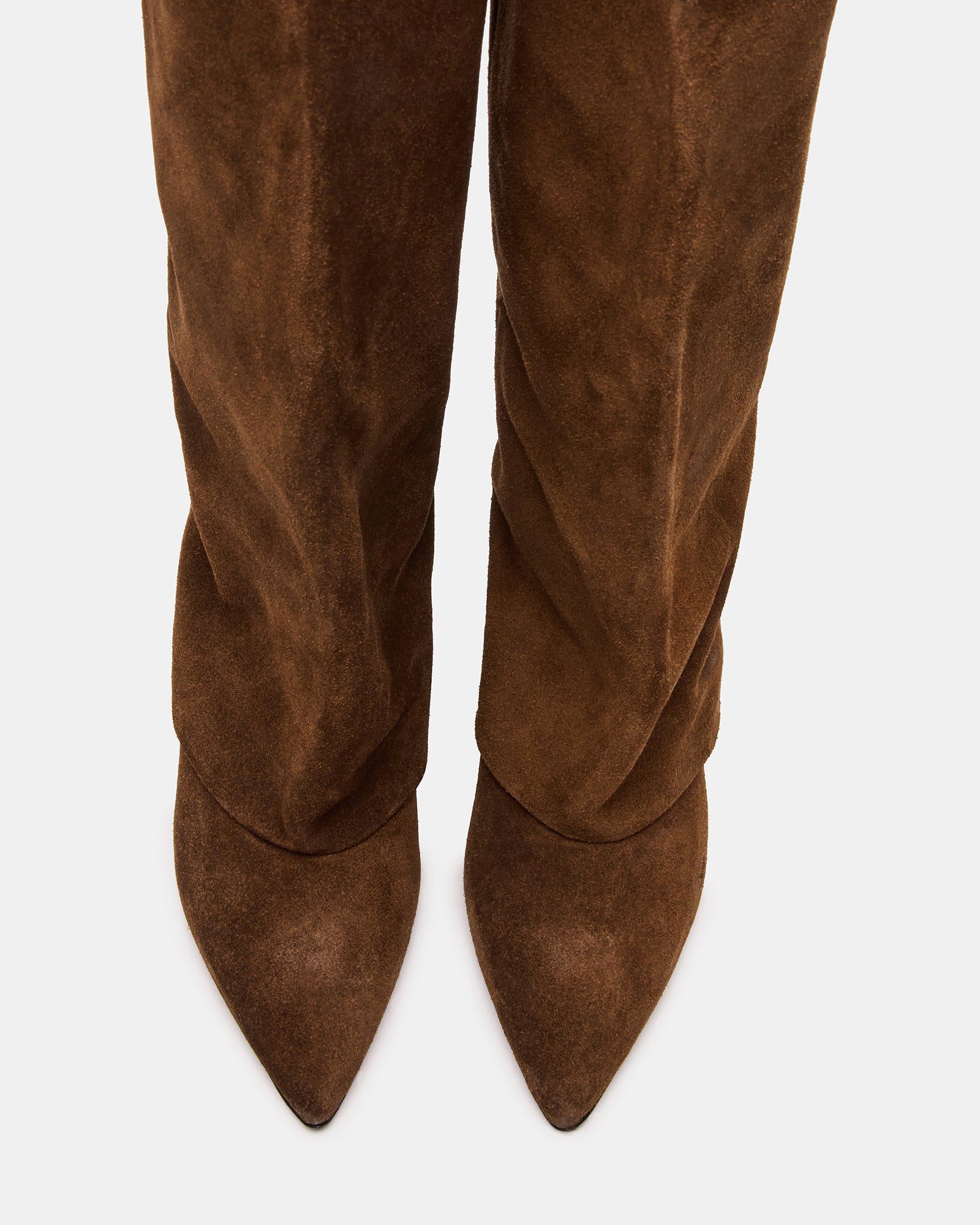Side angle of womens boots showing fold-over suede detail
