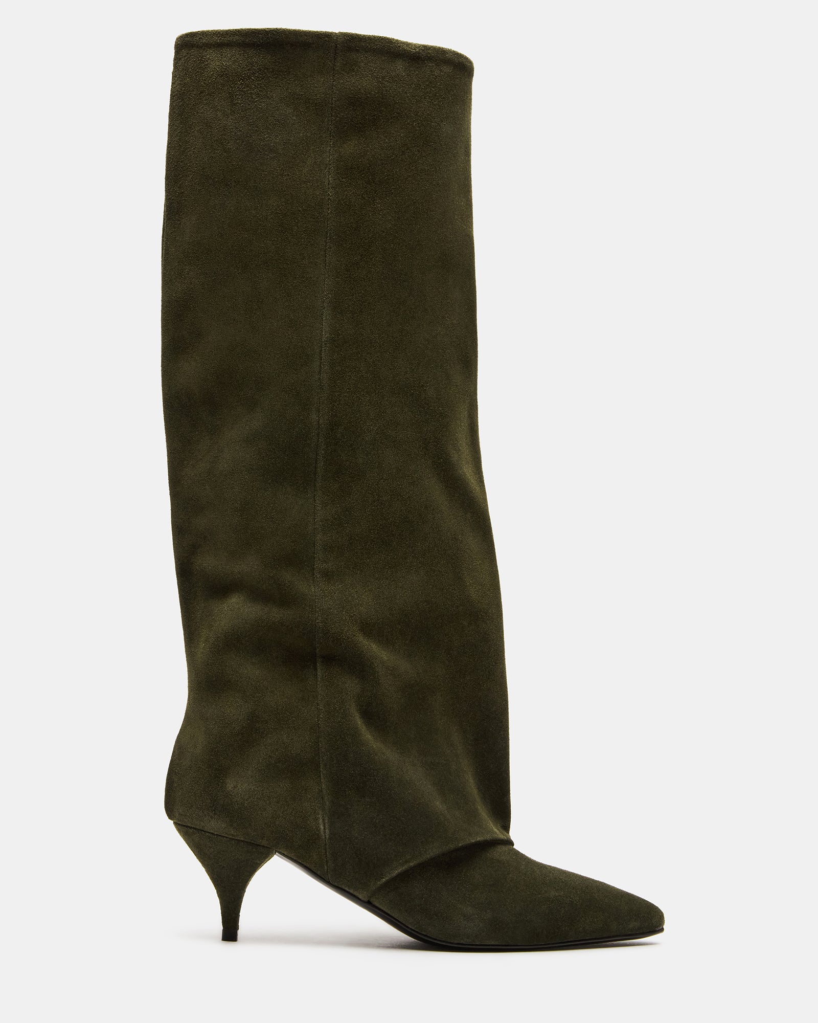 Olive suede pointed toe boots with fold-over detail, side view