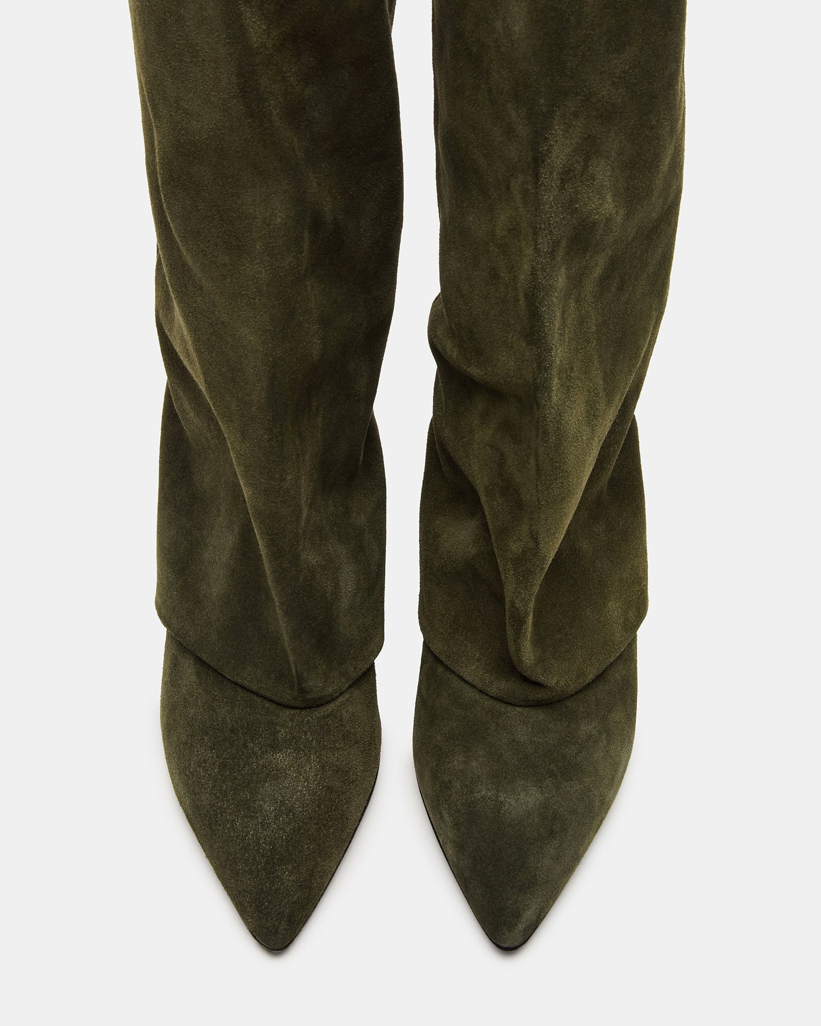 Olive suede pointed toe boots with fold-over detail, side view