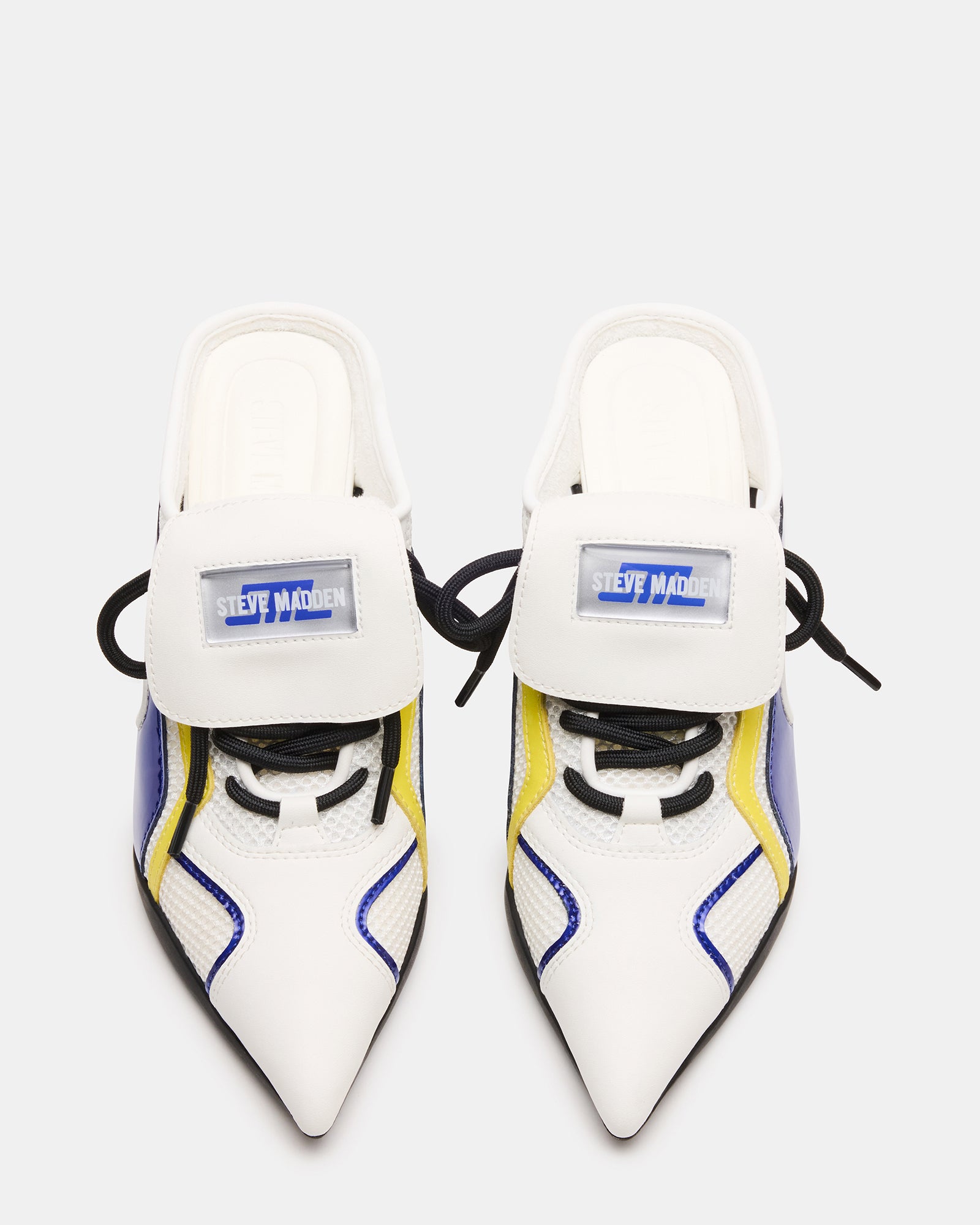 Side view of SHEVRON Blue Multi pointed toe sneakers with heels and slip-on design
