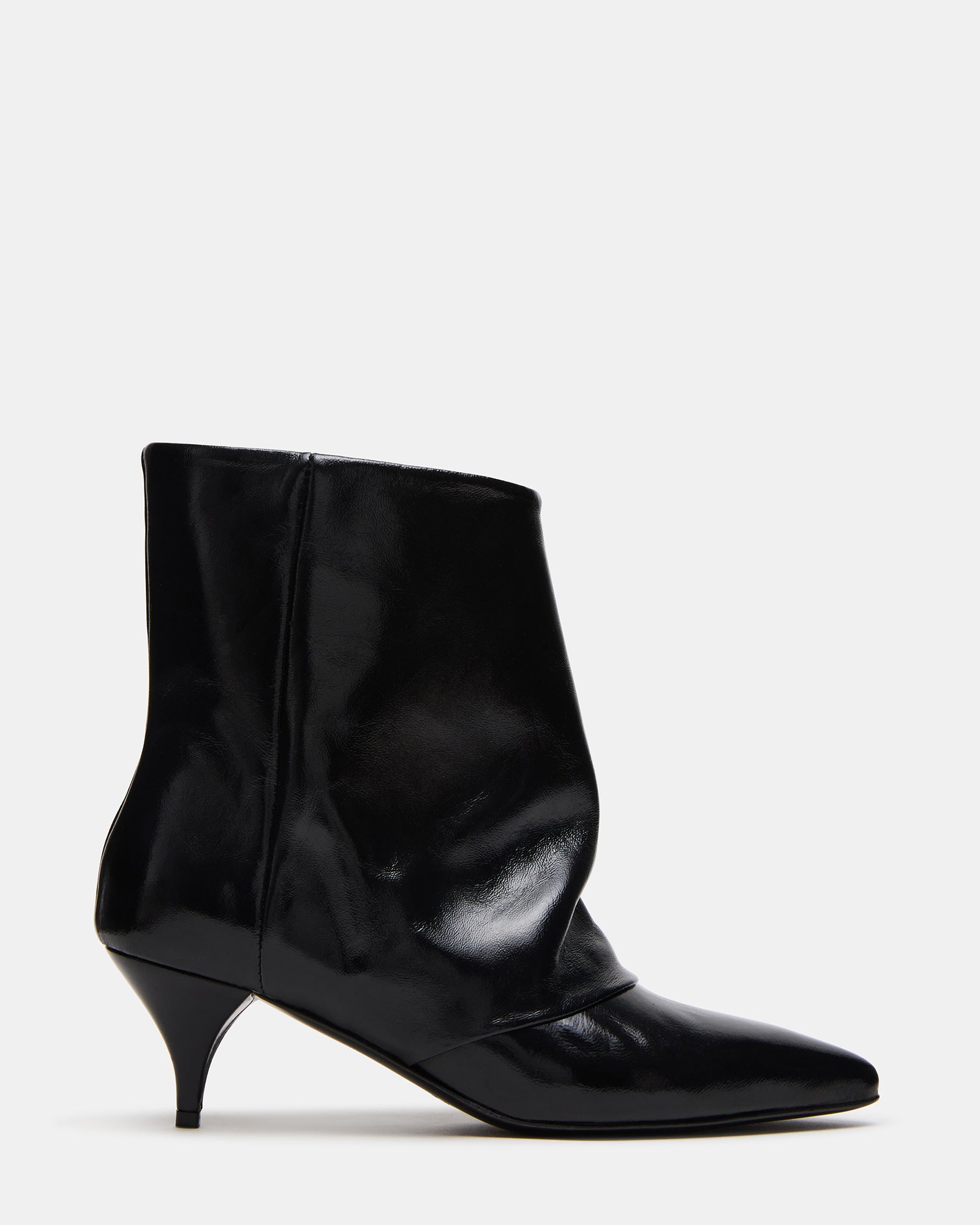 SHINER black ankle boots side view, showcasing sleek leather and heel design