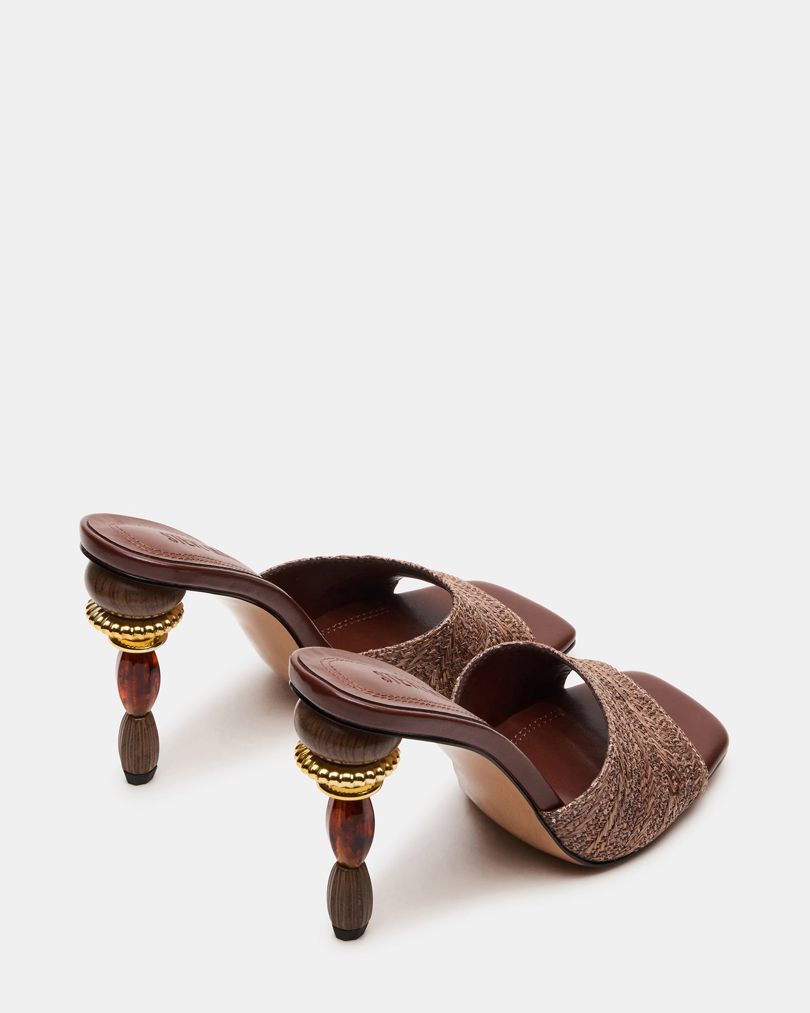 Close-up of the sculptured kitten heel mules showcasing the multi-colored detail.