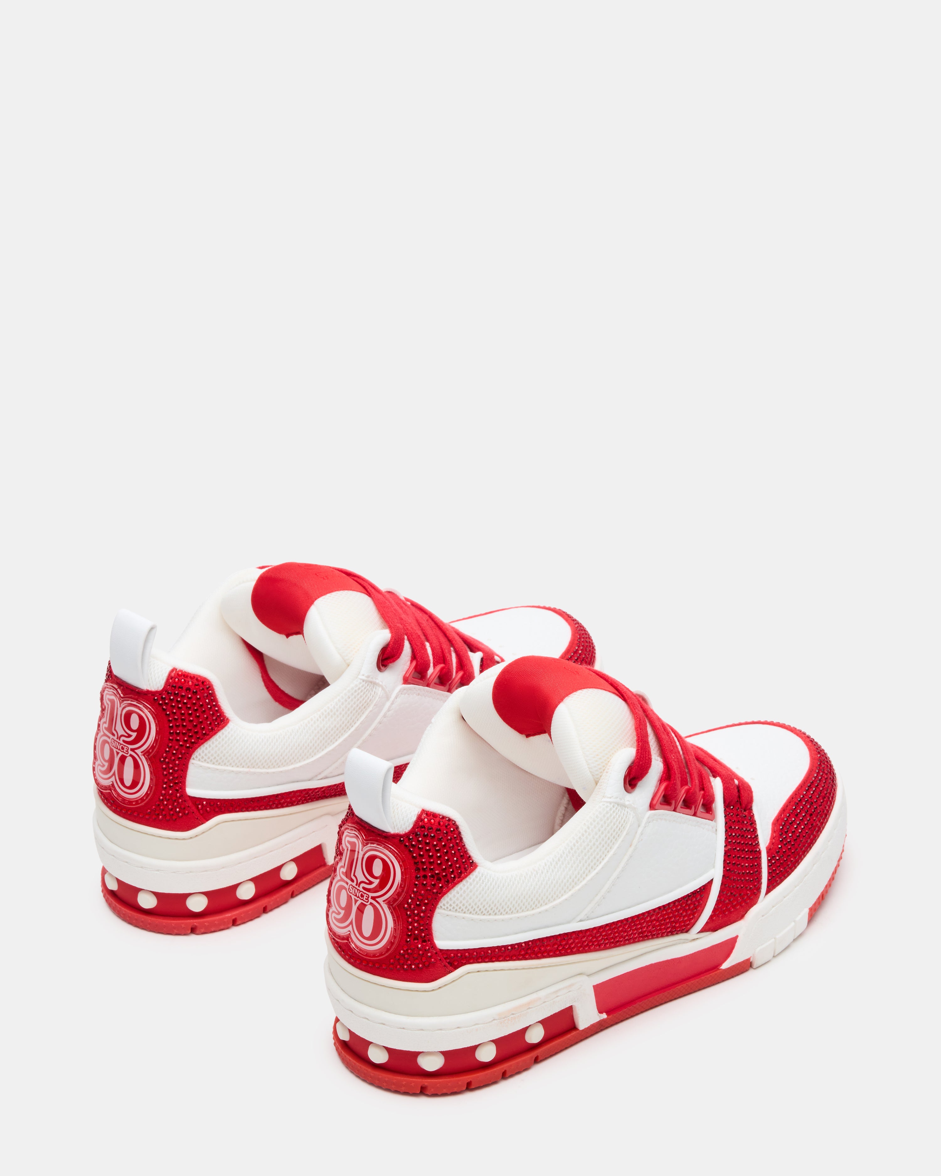 Side view of womens skater sneakers with rhinestones and lace-up closure