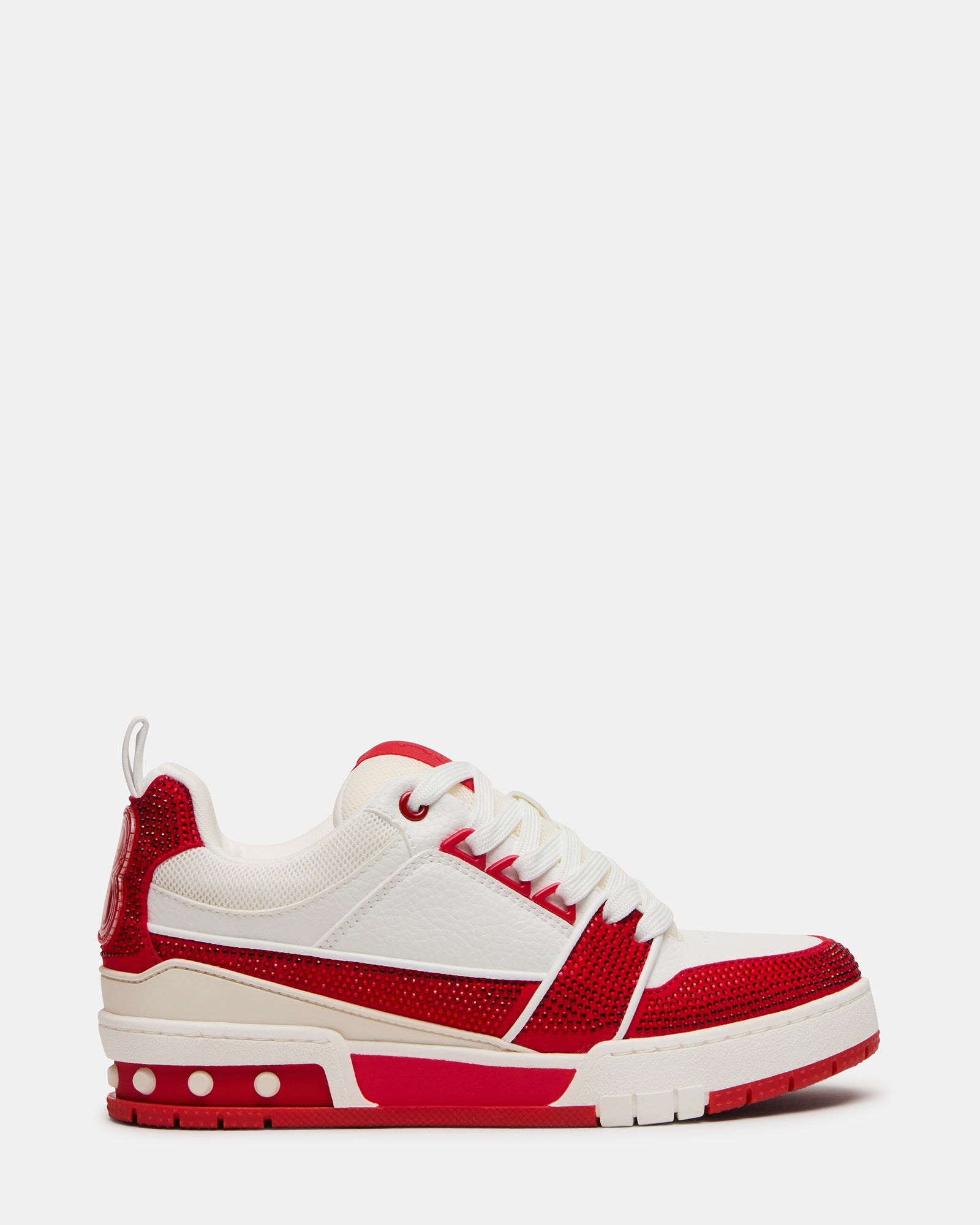 Side view of women's skater sneakers with rhinestones and lace-up closure