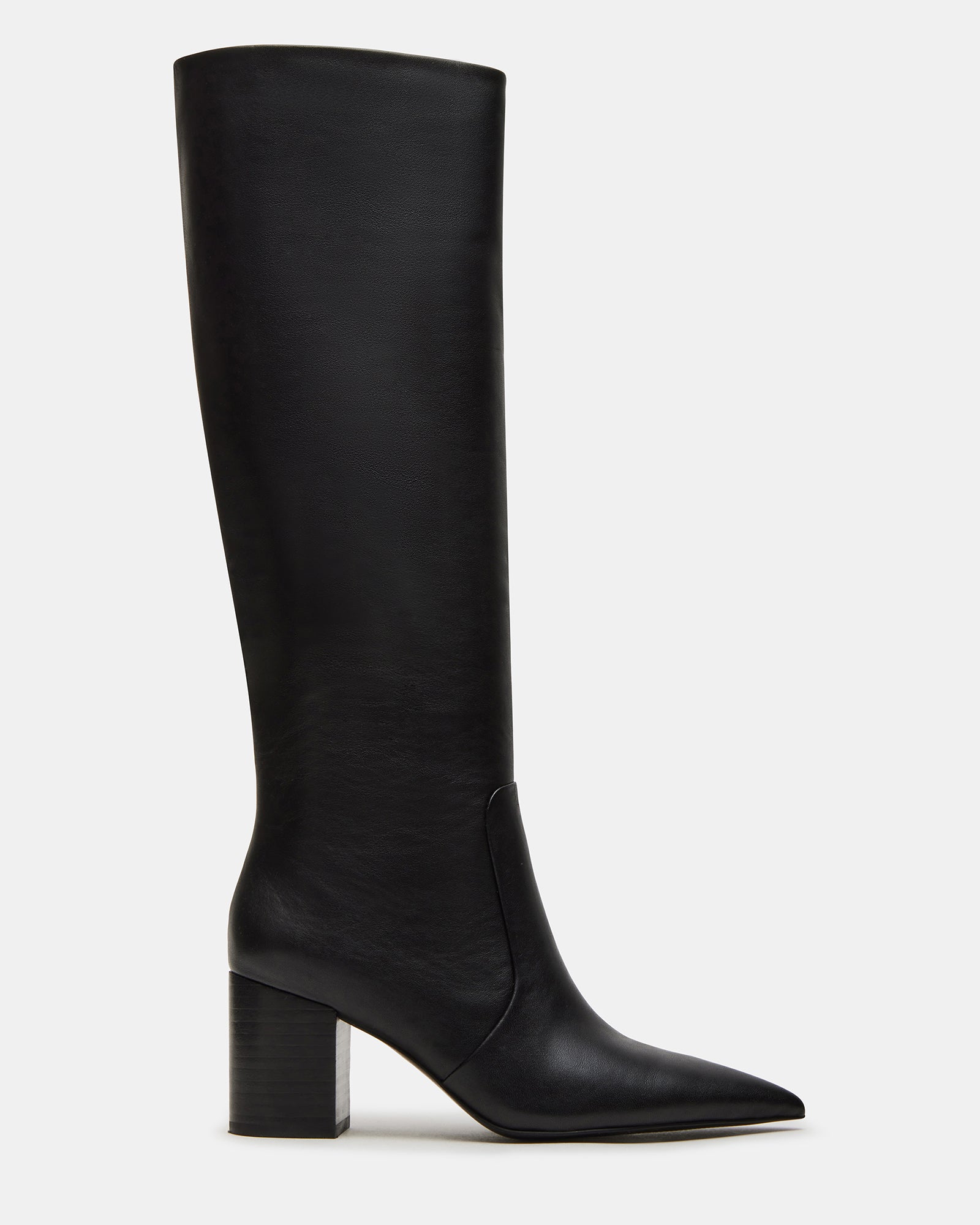 Side view of Skyline black leather knee-high boots showing pointed toe and block heel