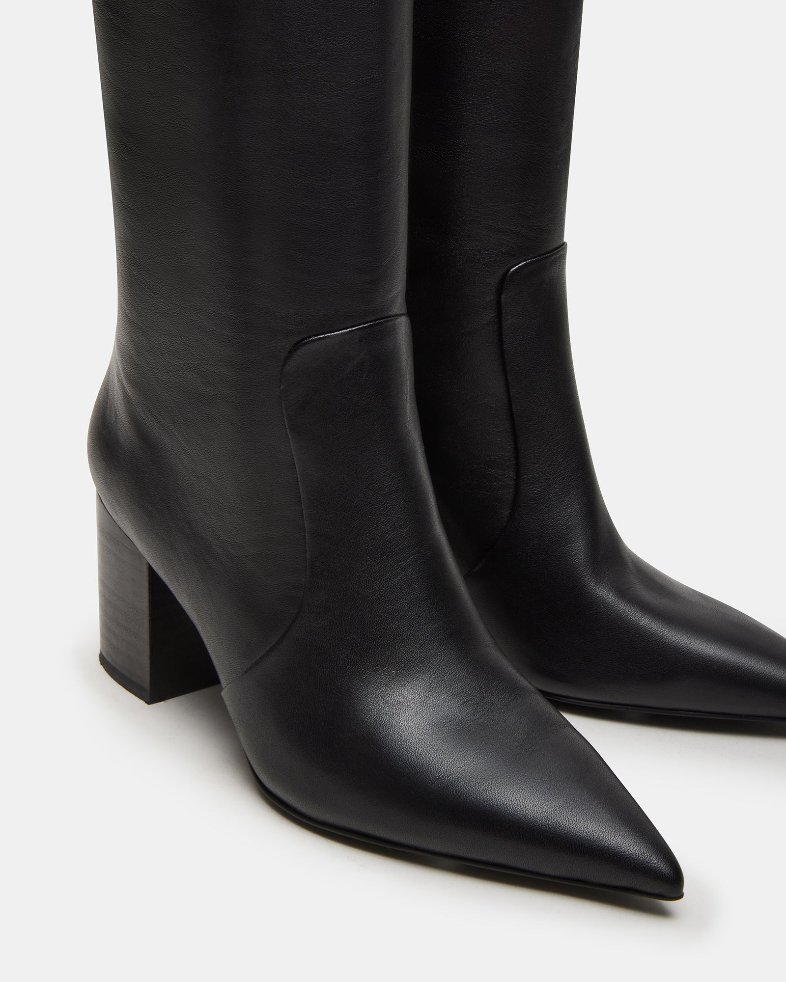 Close-up of the textured leather and sturdy sole of Skyline knee-high boots
