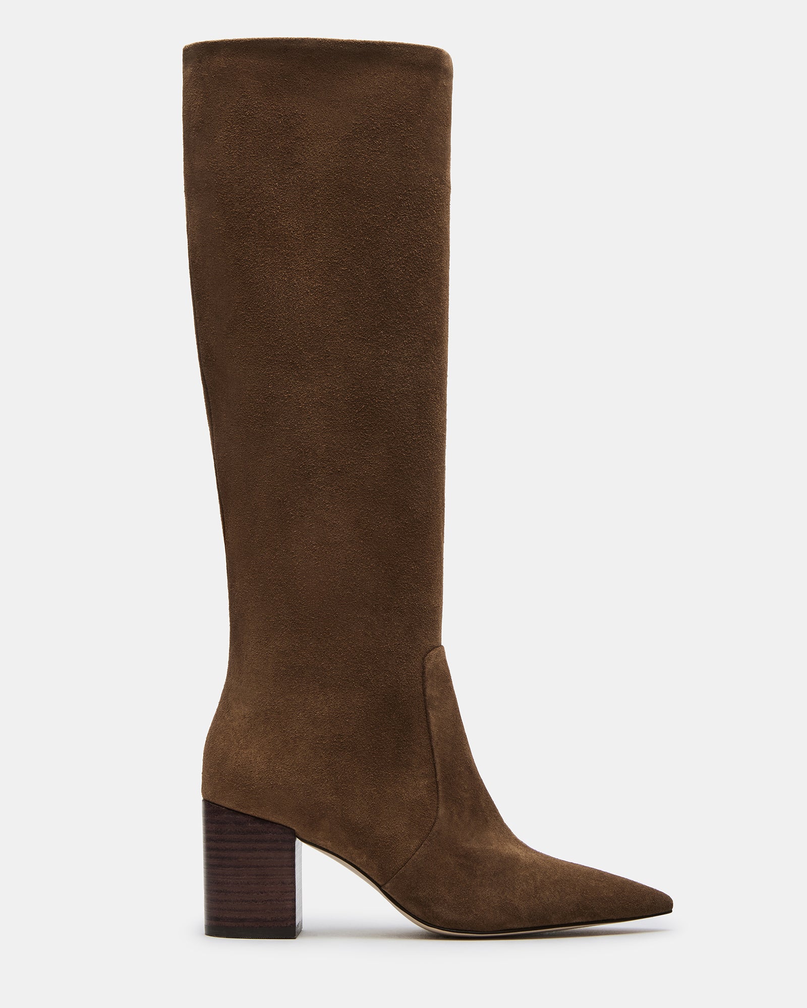Side view of brown suede knee-high boots showing block heel design