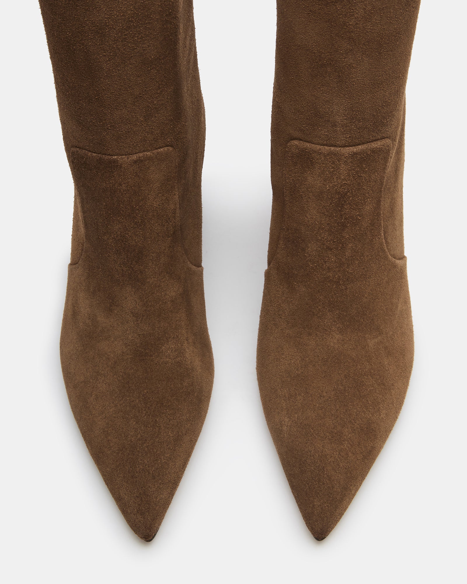 Side view of brown suede knee-high boots showing block heel design
