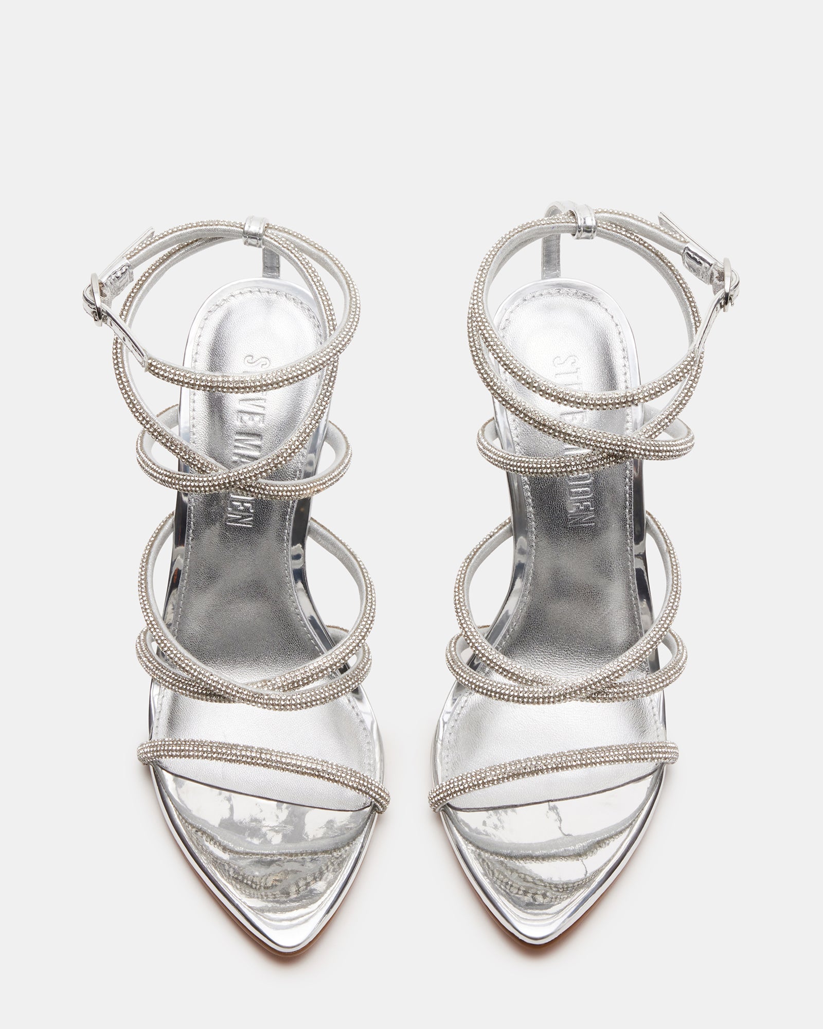 Silver rhinestone stiletto heels from front angle, perfect for evening wear.