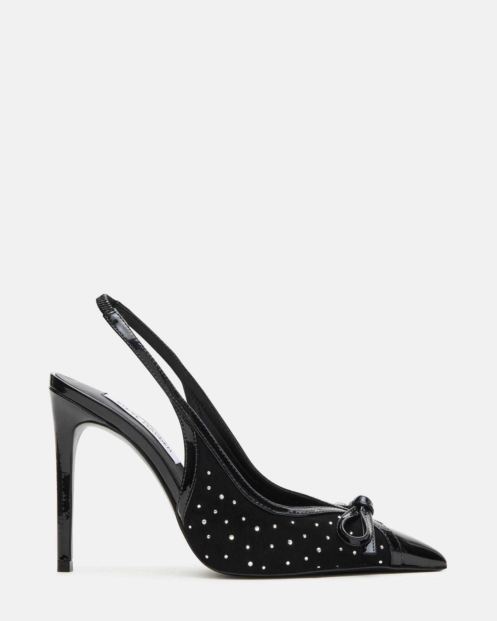 Side view of fashion heels showing rhinestone bow detail