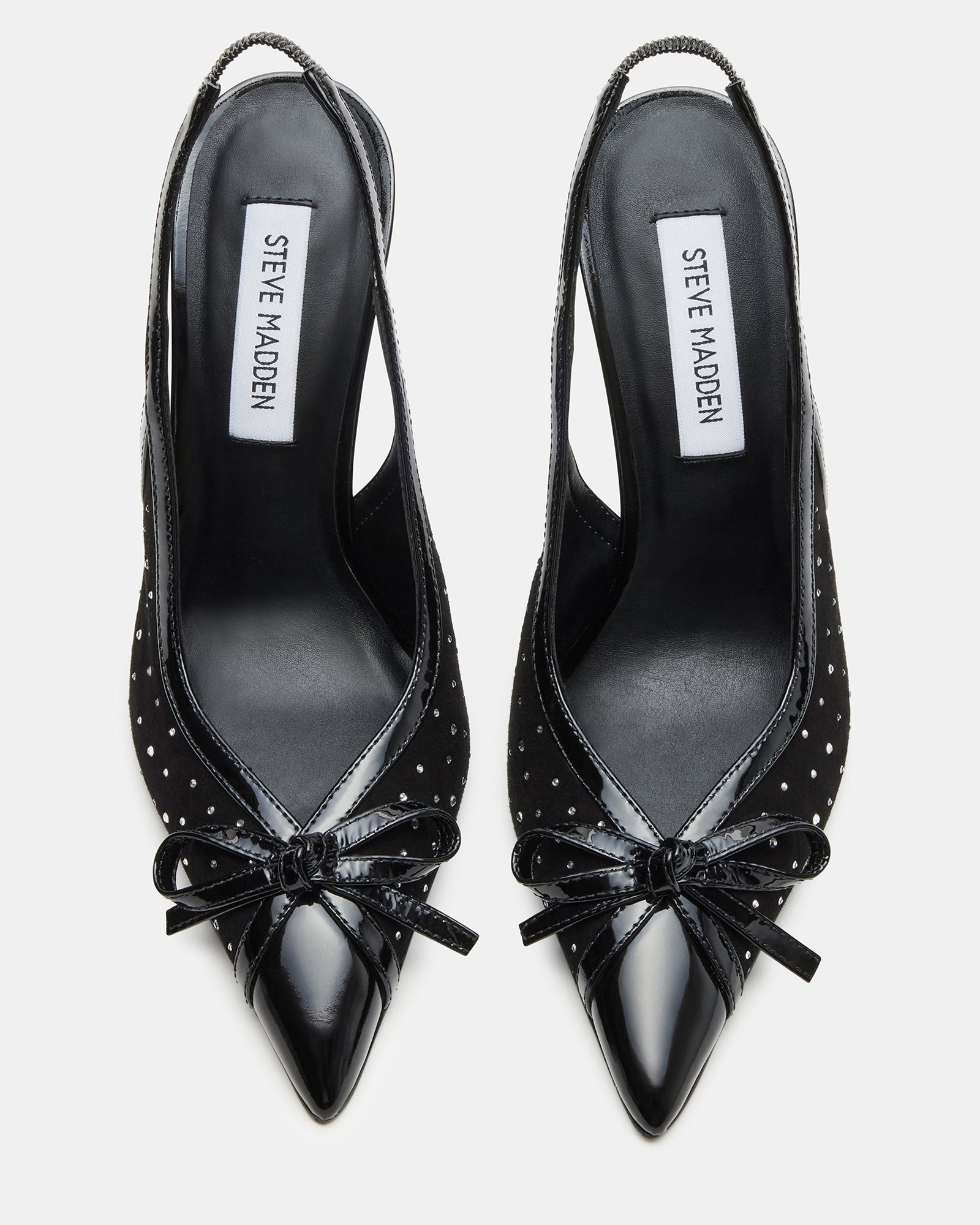 Side view of fashion heels showing rhinestone bow detail