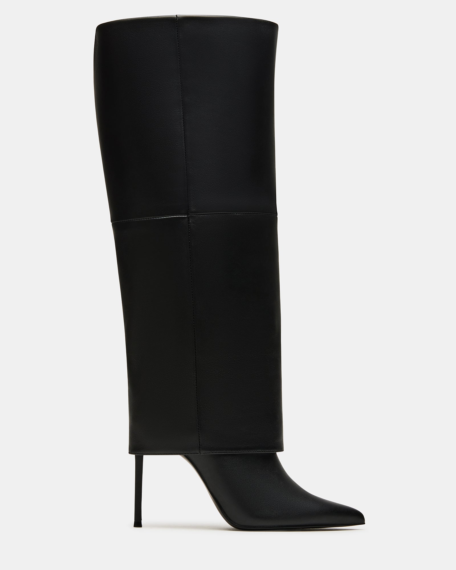 Side view of black leather knee high boots with pointed toe and 4-inch heel