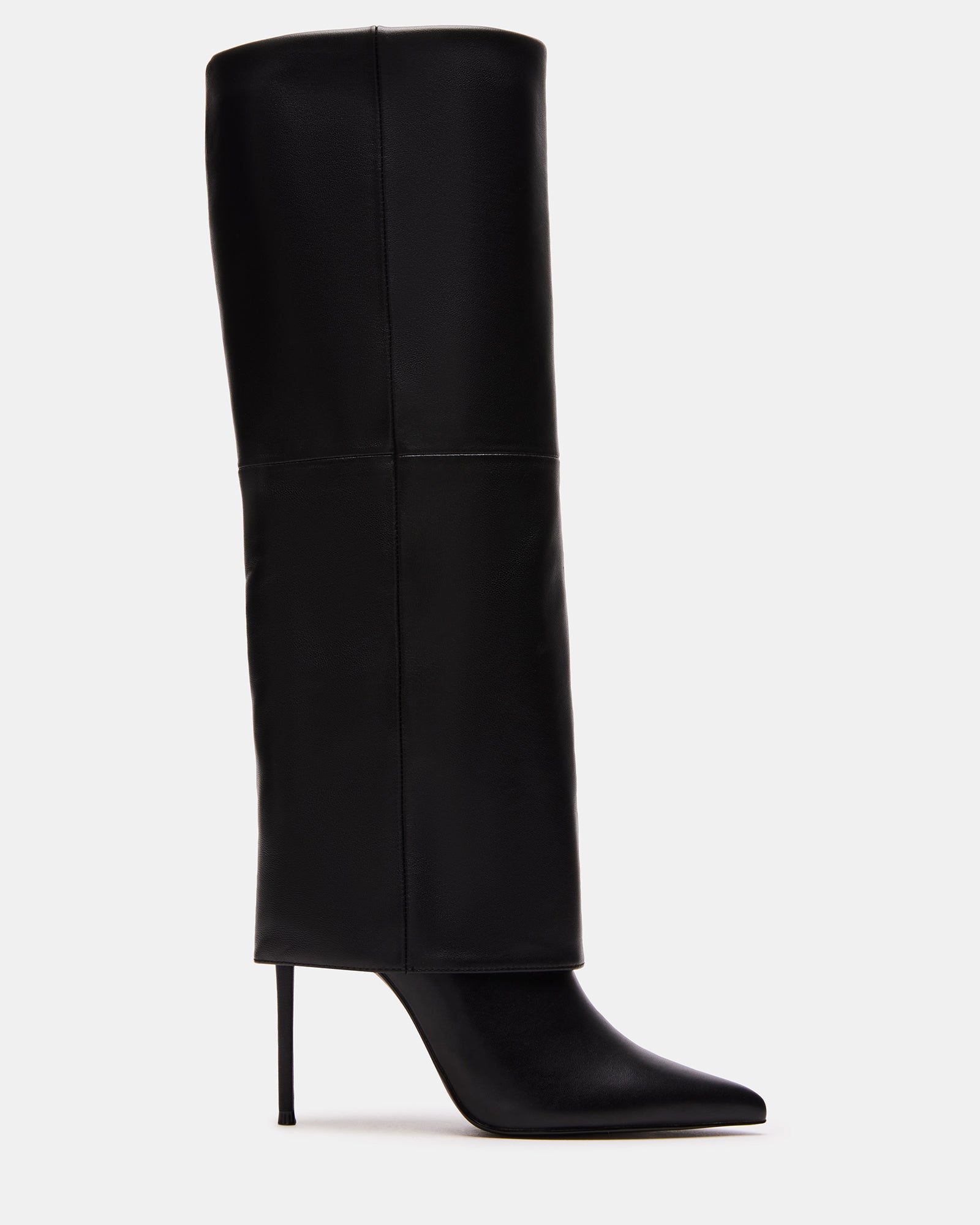 Front view of black stiletto heels styled with denim and oversized coat