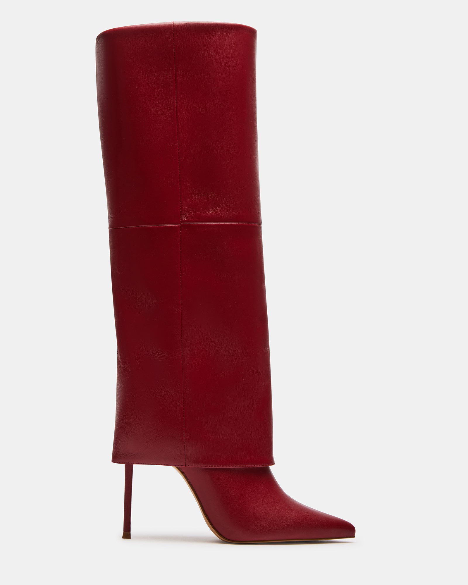 Side view of red leather boots with pointed toe and fold-over shaft