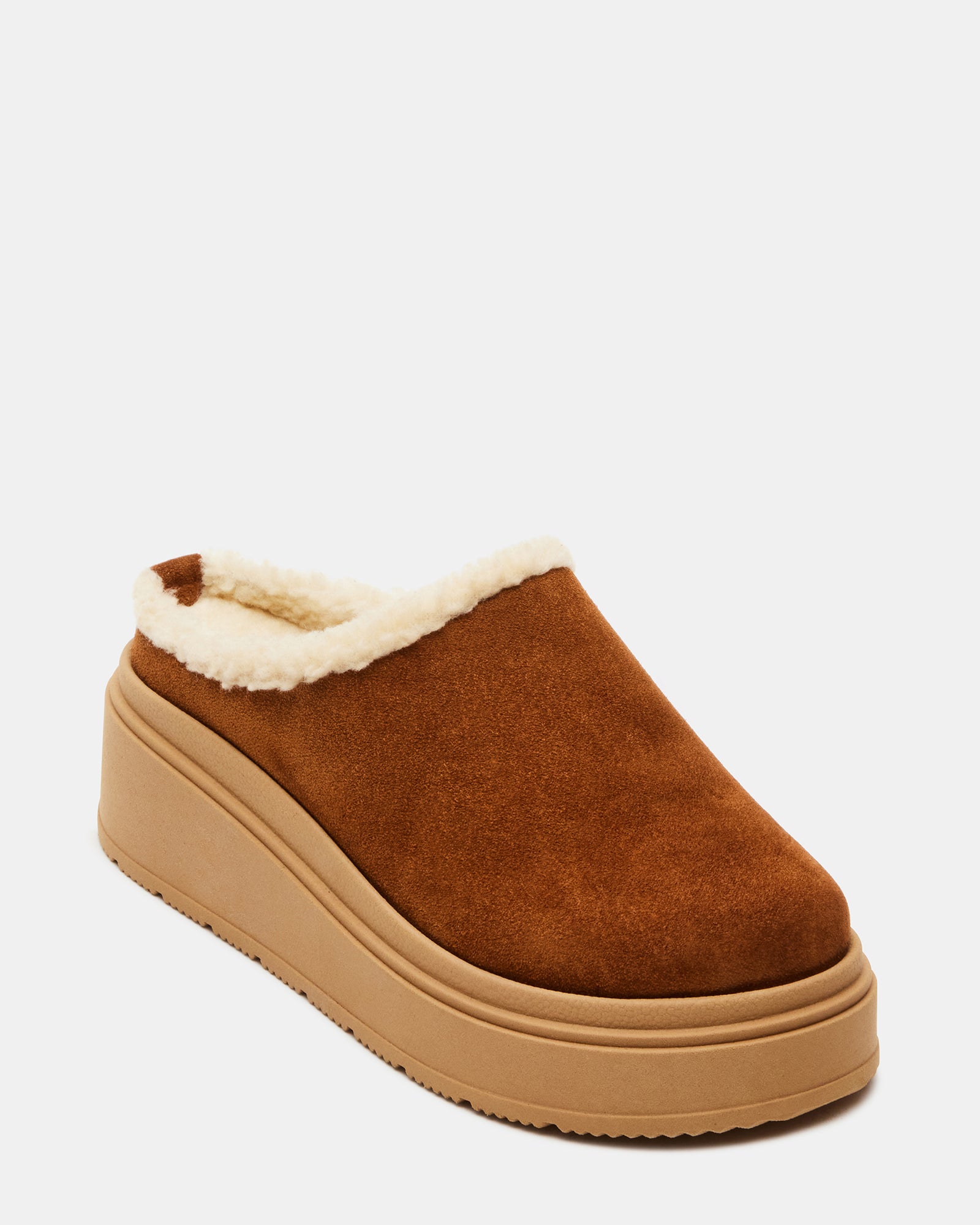 Close-up of the 2-inch platform sole and textured suede upper.