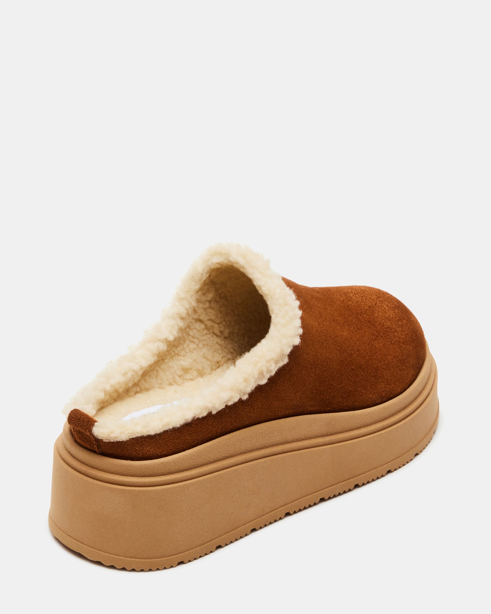 Close-up of the 2-inch platform sole and textured suede upper.