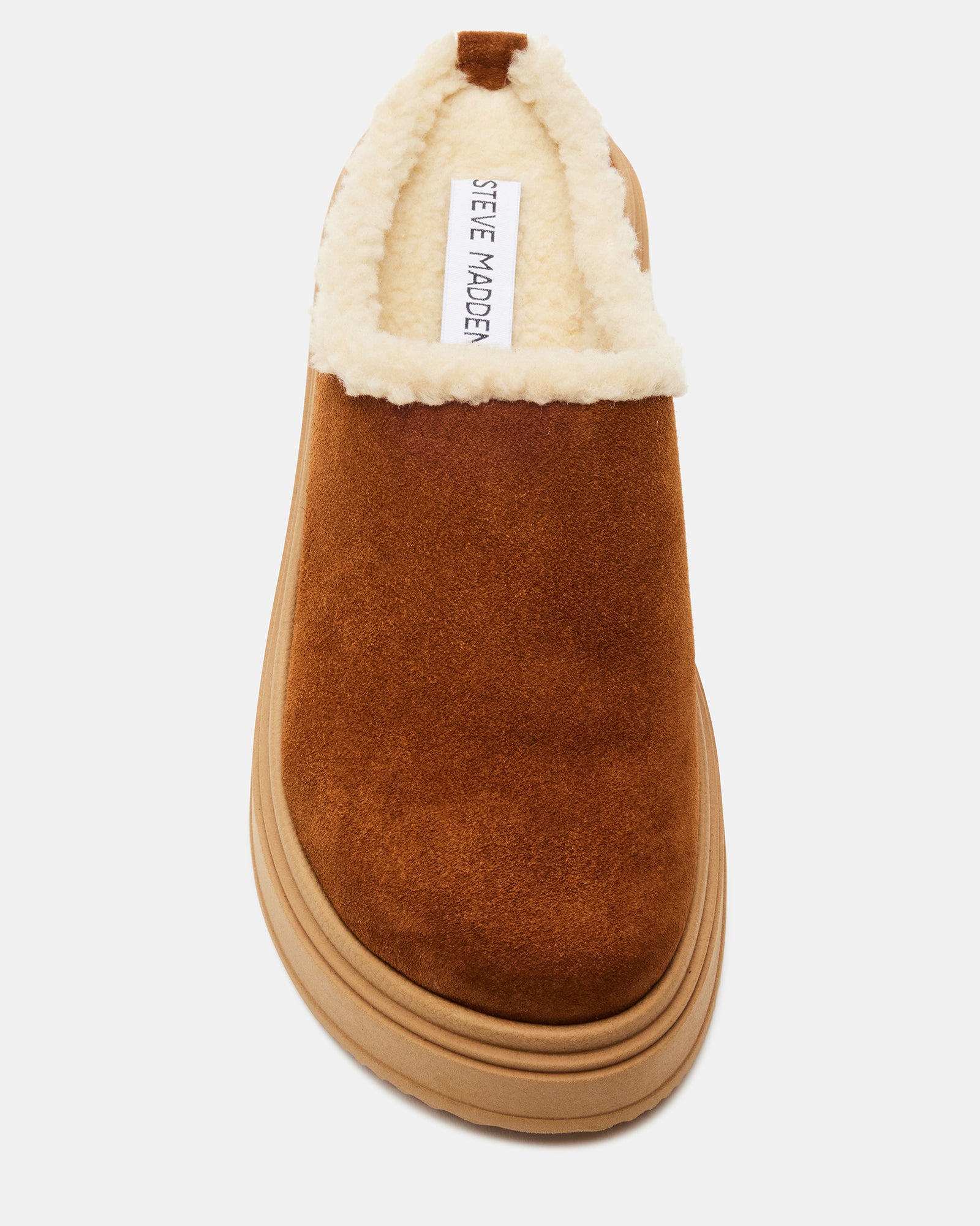 Smores tan suede platform sneakers from a side angle, showcasing the faux fur lining.