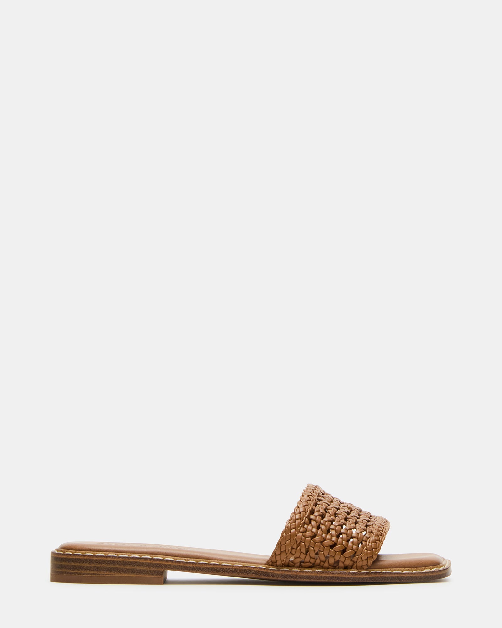 Close-up of SNIDER Tan vegan slide sandals with square toe and synthetic sole