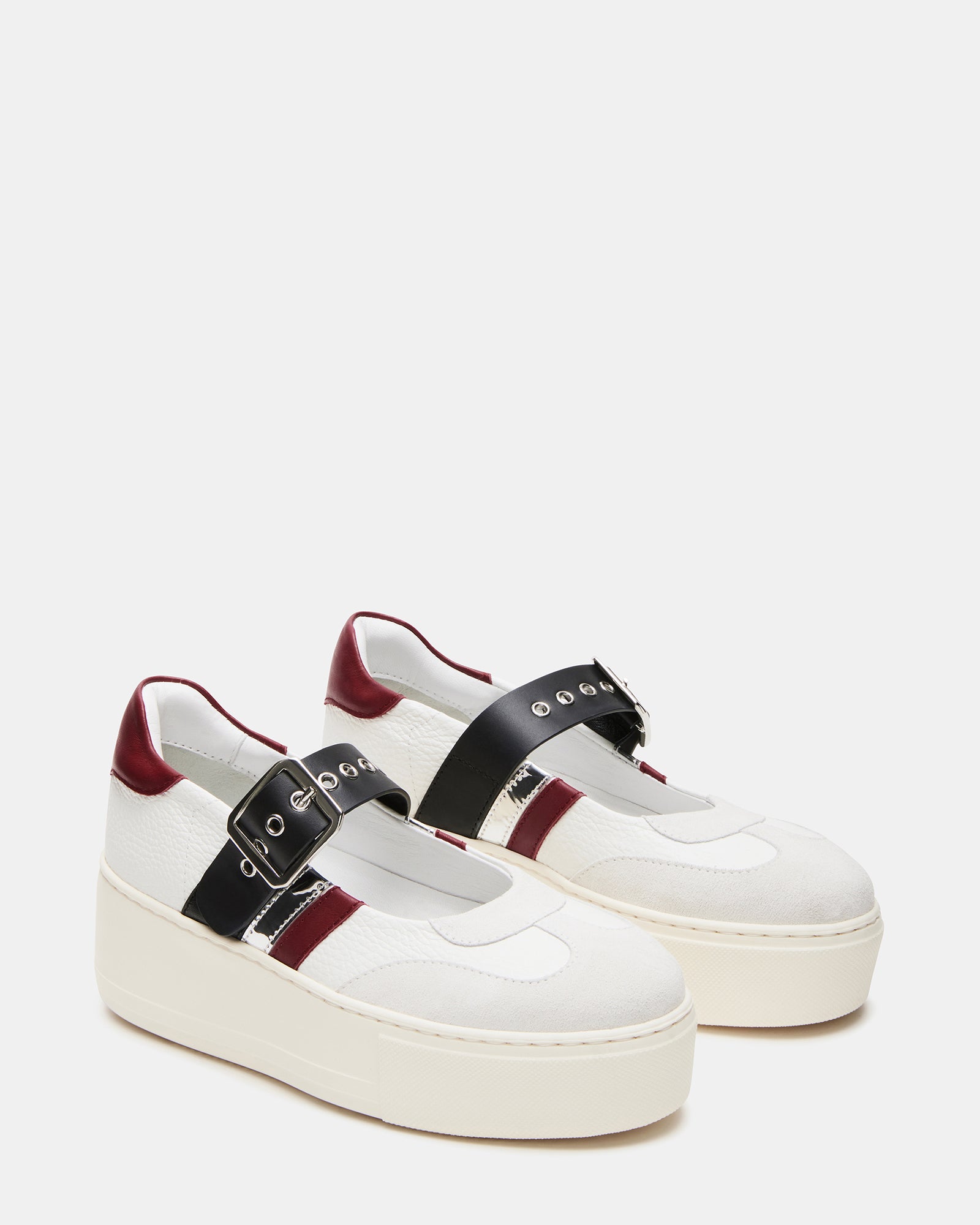 Close-up of the leather upper on Soar Multi platform sneakers.
