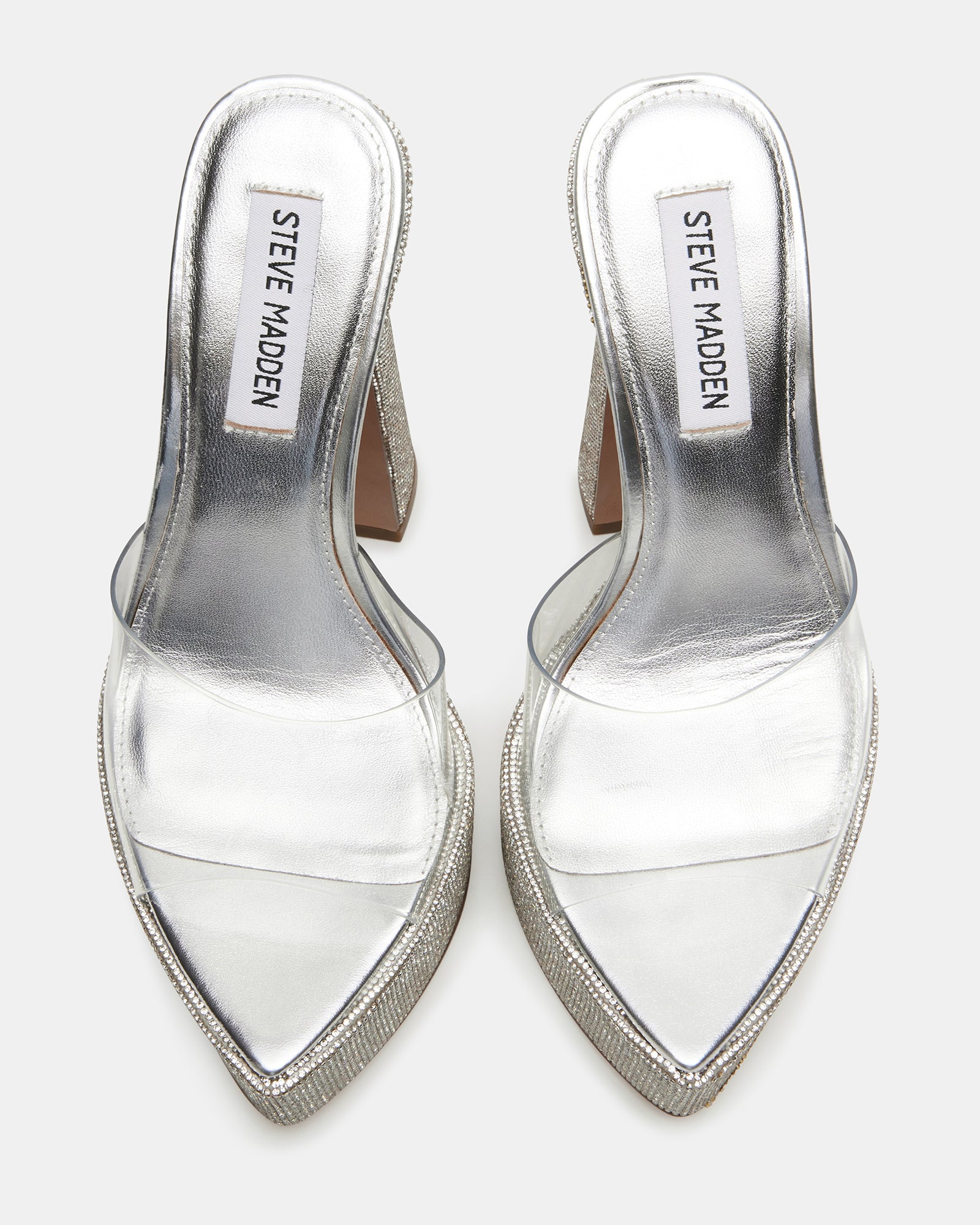 Close-up of the rhinestone mules showcasing the clear upper and block heel.