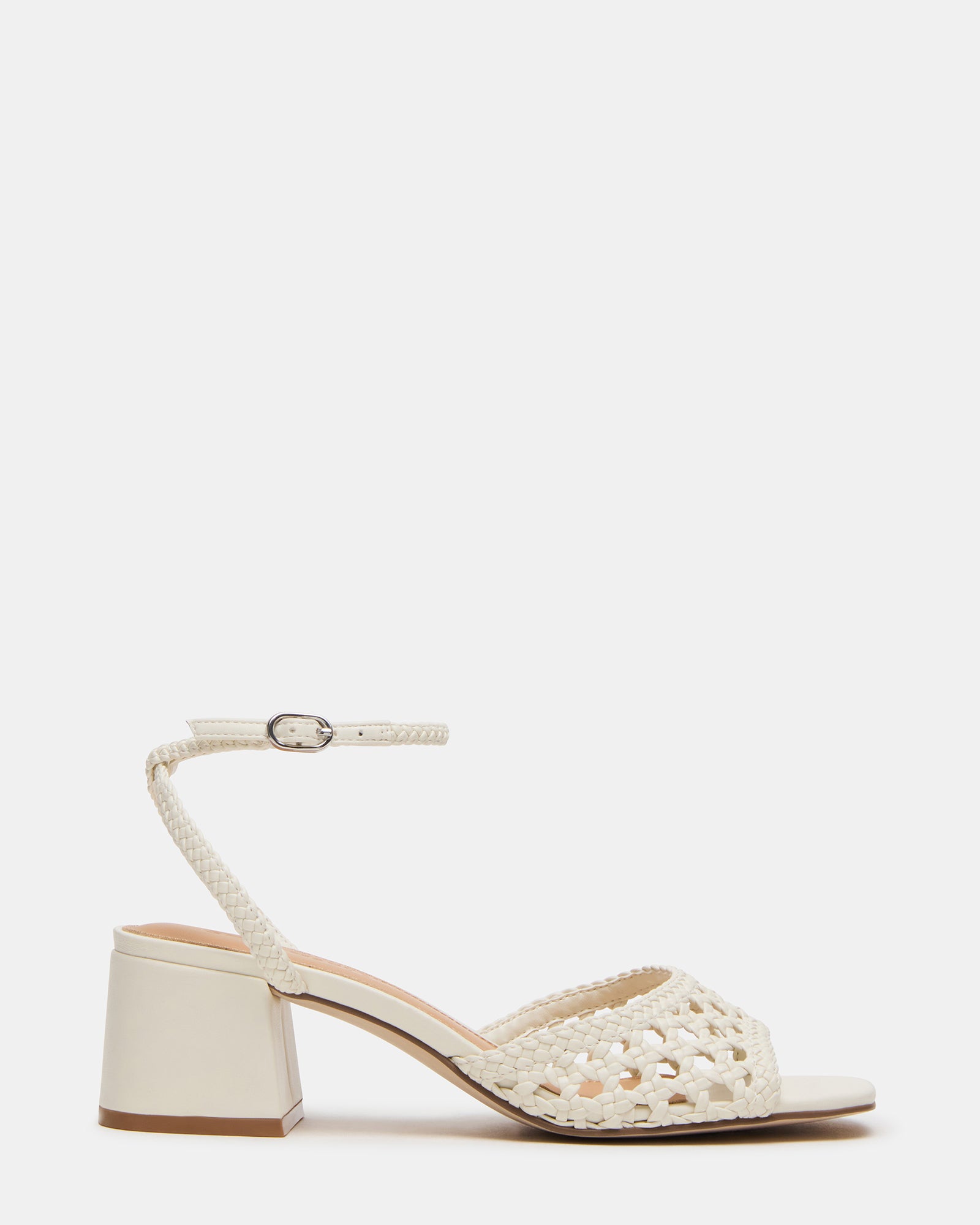 Woven vegan leather upper of SOLEIL BONE square toe sandals with block heel