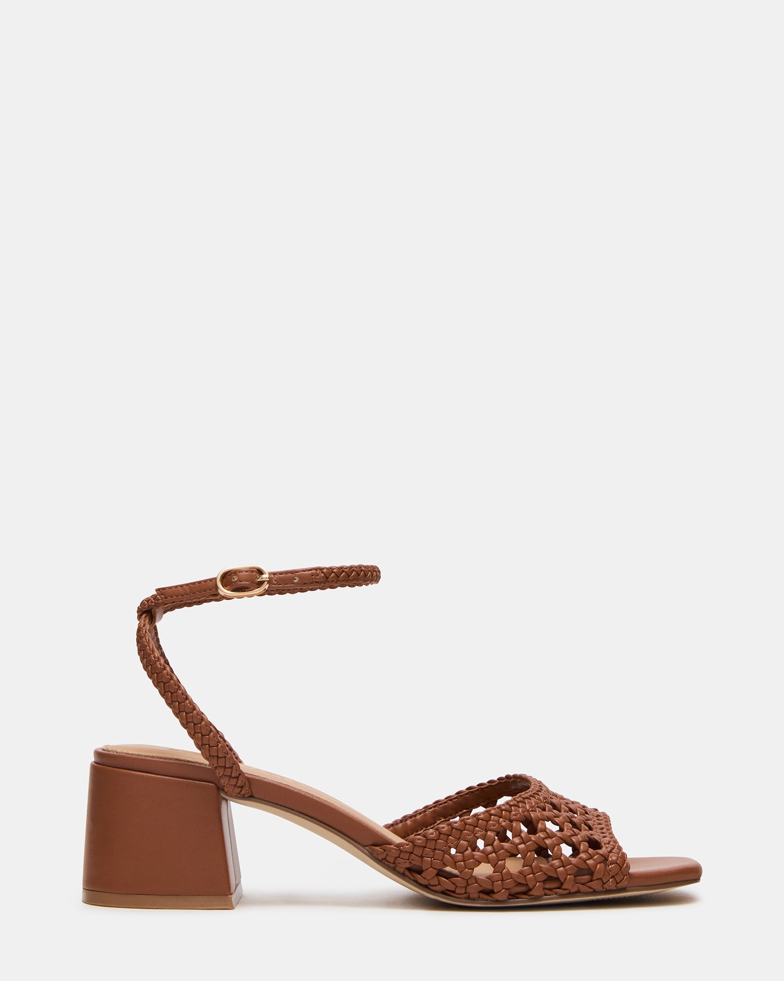 Side view of Soleil Tan vegan leather sandals showcasing the square toe design.