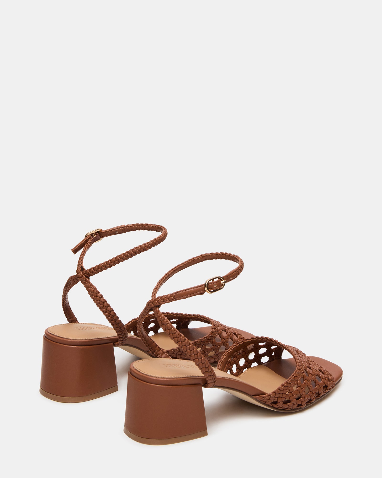 Close-up of the woven upper of the Soleil Tan sandals highlighting the texture.