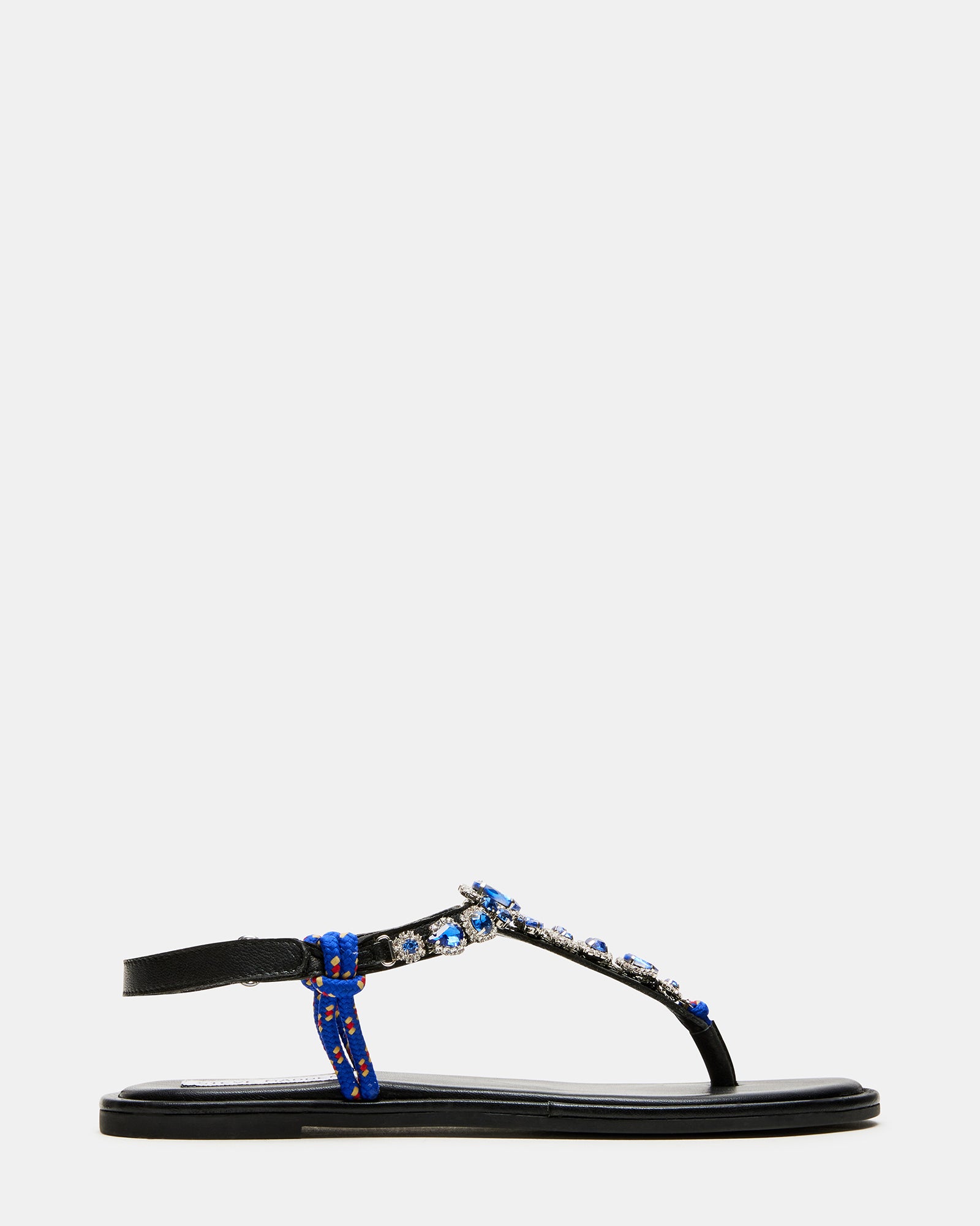 Front view of women’s rhinestone thong sandals with a blue multi-color design and 0.5-inch heel