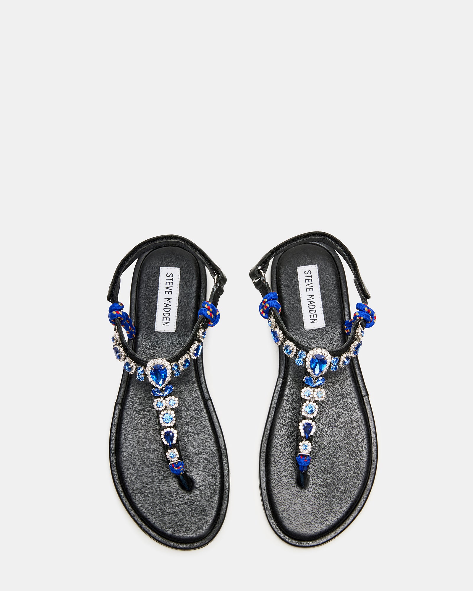 Front view of women’s rhinestone thong sandals with a blue multi-color design and 0.5-inch heel