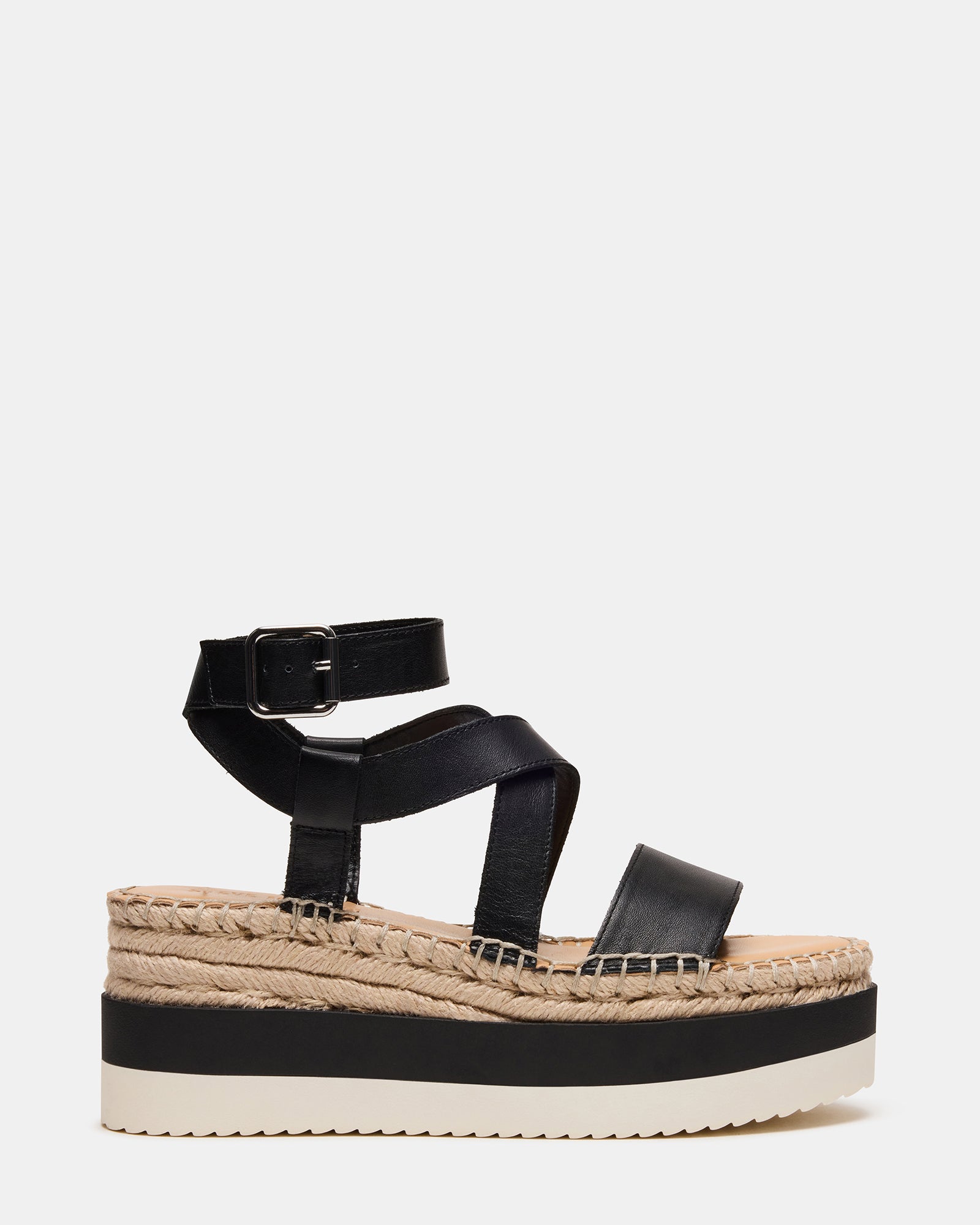SOREN black leather platform sandals with ankle strap, perfect for summer outings.