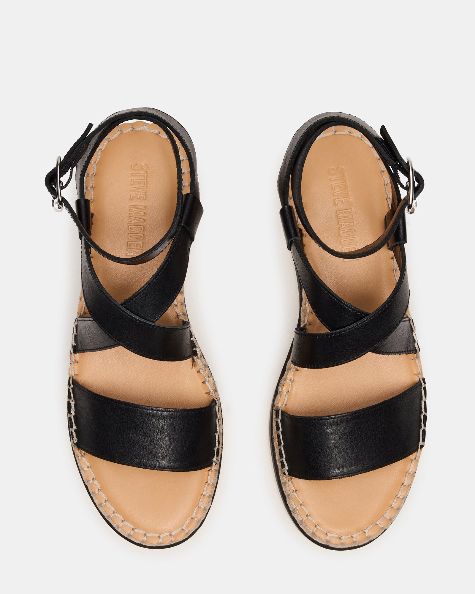 SOREN black leather platform sandals with ankle strap, perfect for summer outings.