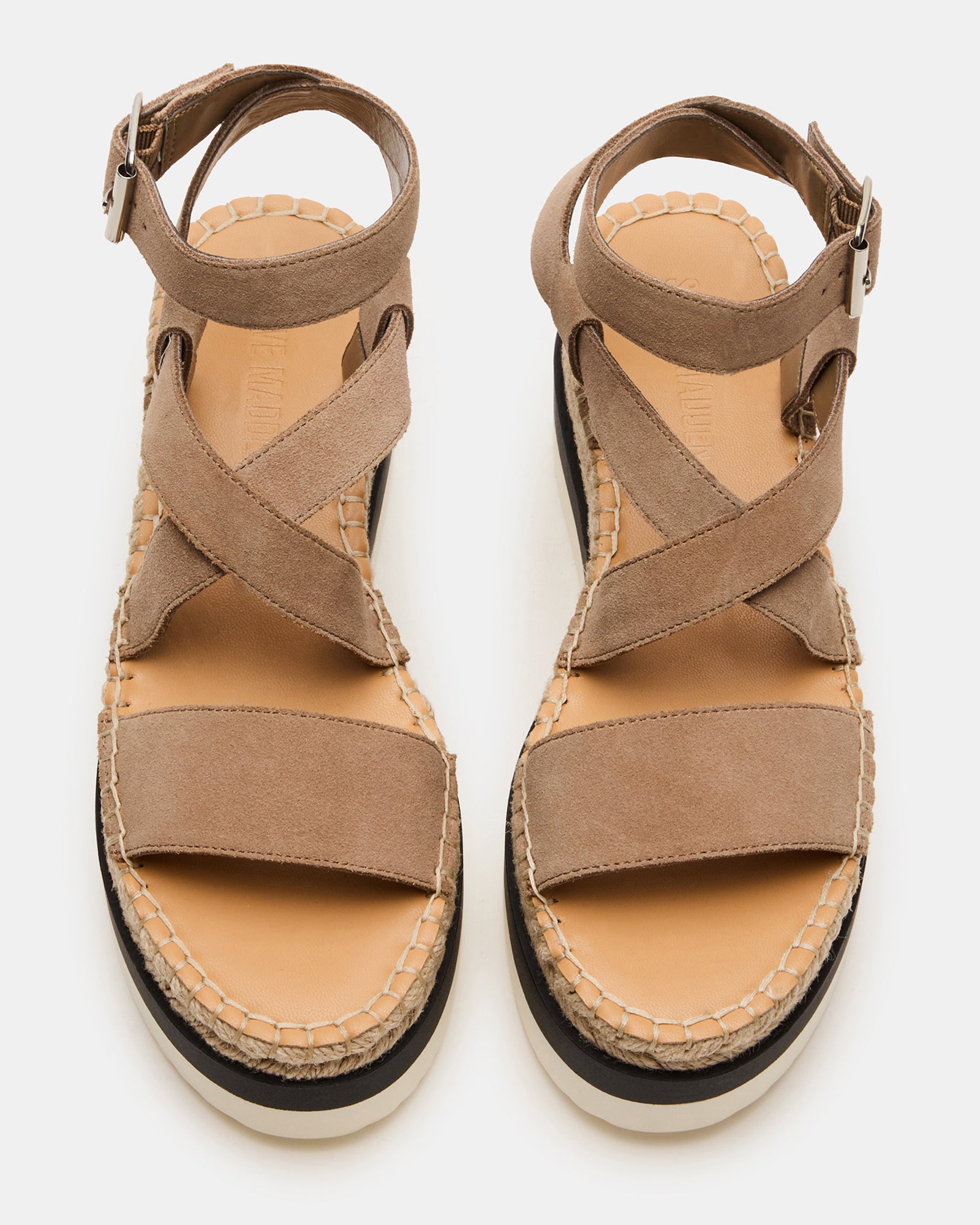 Soren taupe suede platform sandals worn with a summer dress