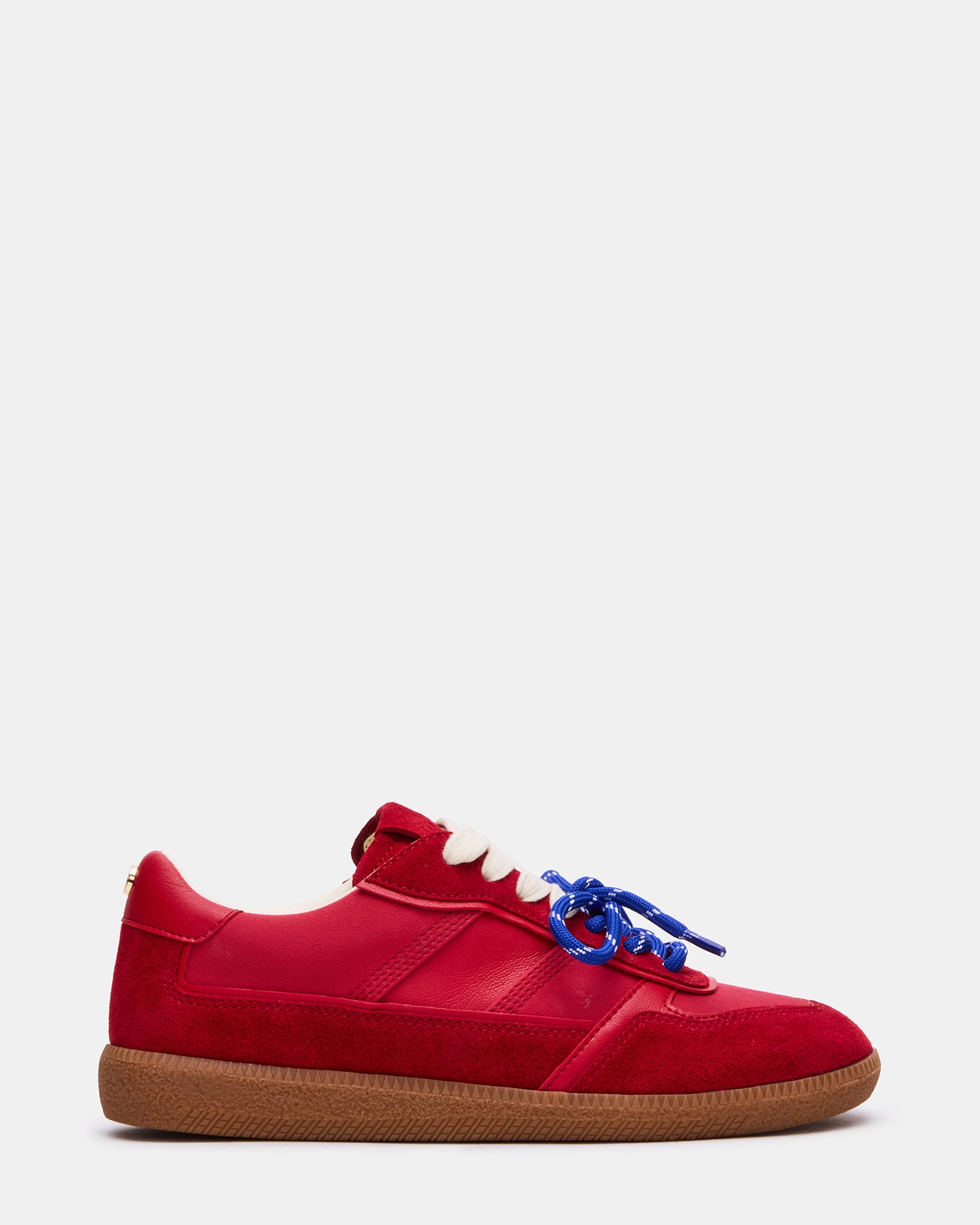 Close-up of suede upper on StrideFlex red low-top sneakers with stripe laces