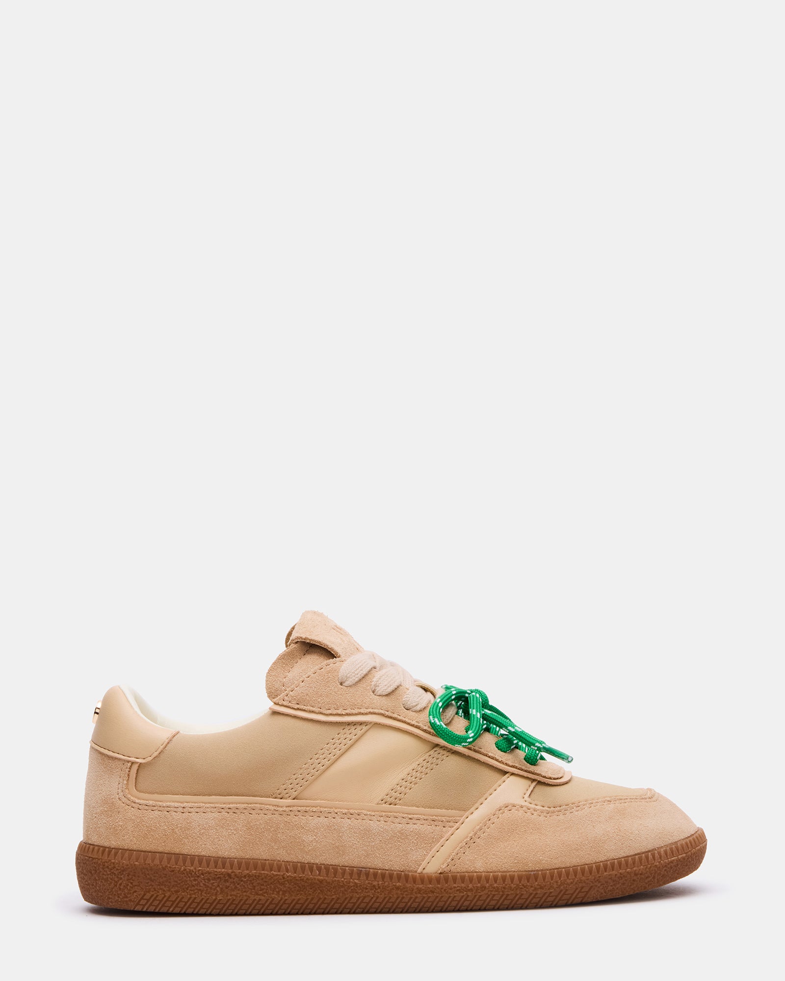 Side view of Sporty Sand sneakers highlighting the suede and textile upper