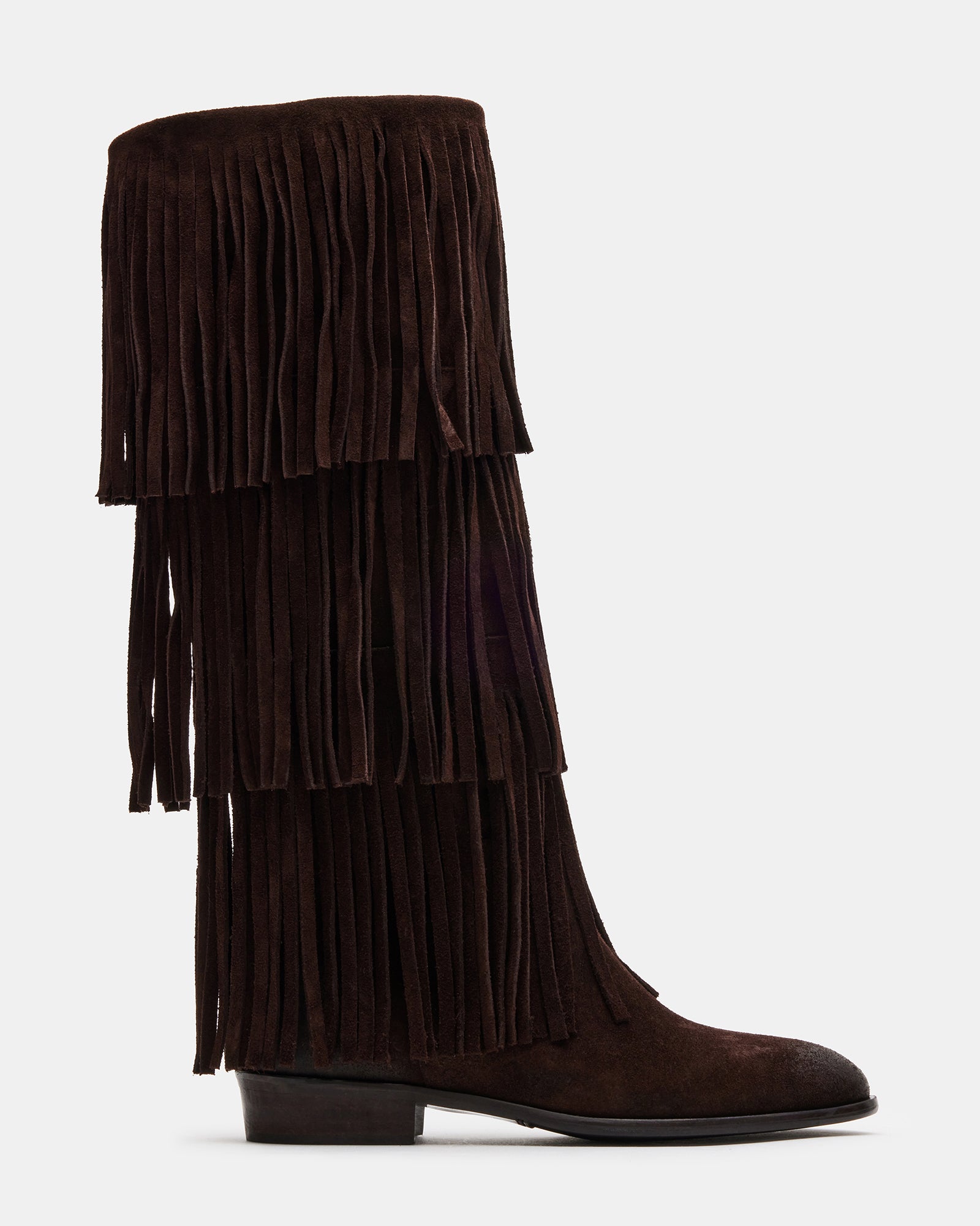 Elegant brown suede ankle boots with fringe detail, perfect for fall fashion.