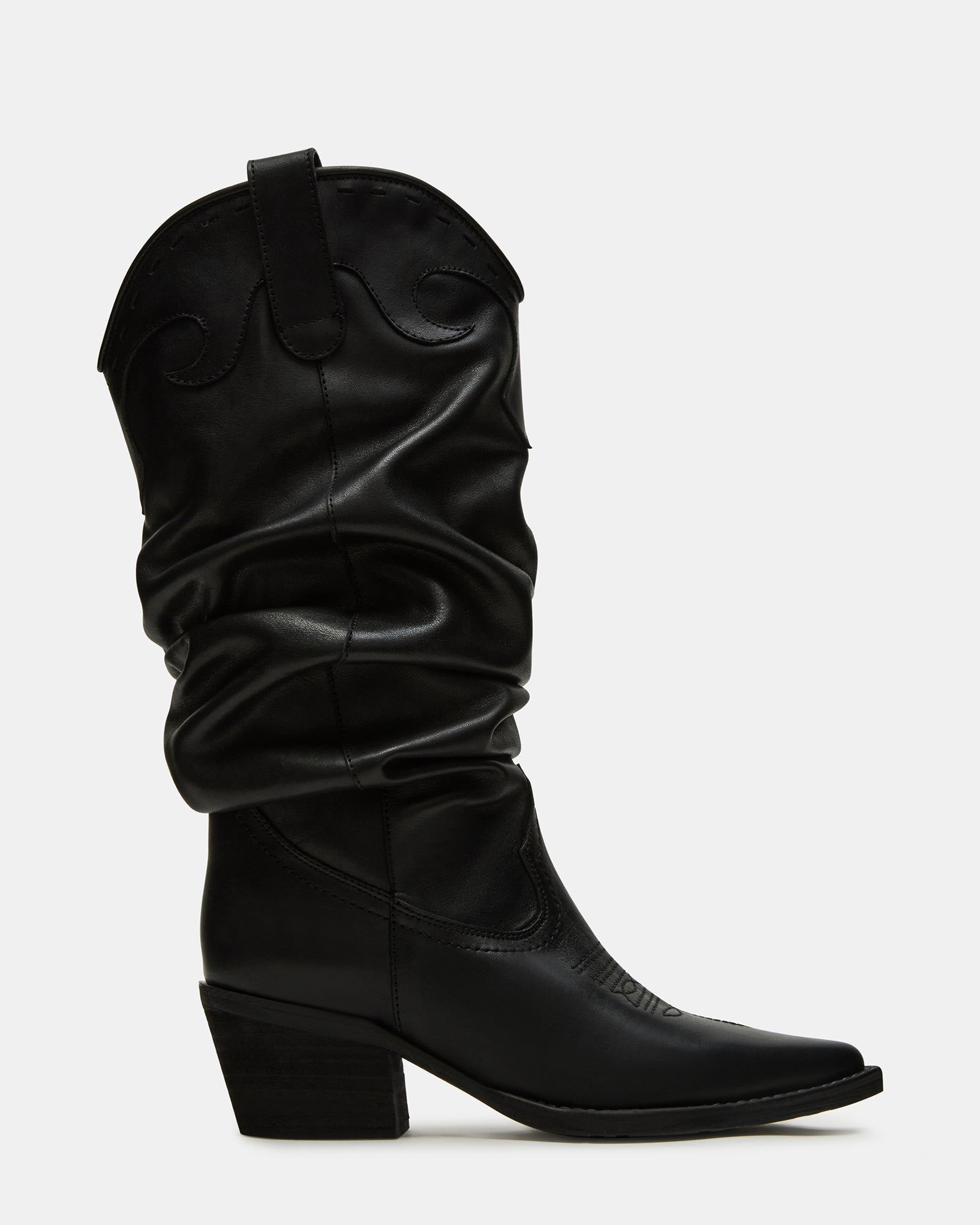 Front view of Stage black leather cowboy boots on wooden floor