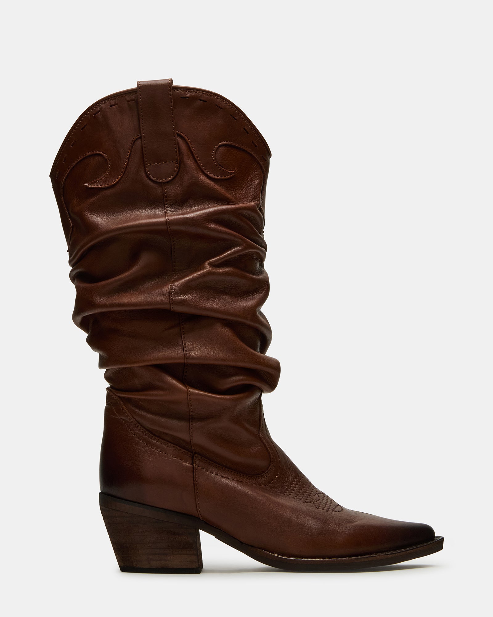 Stage cognac leather boots side view, showcasing pointed toe and heel detail