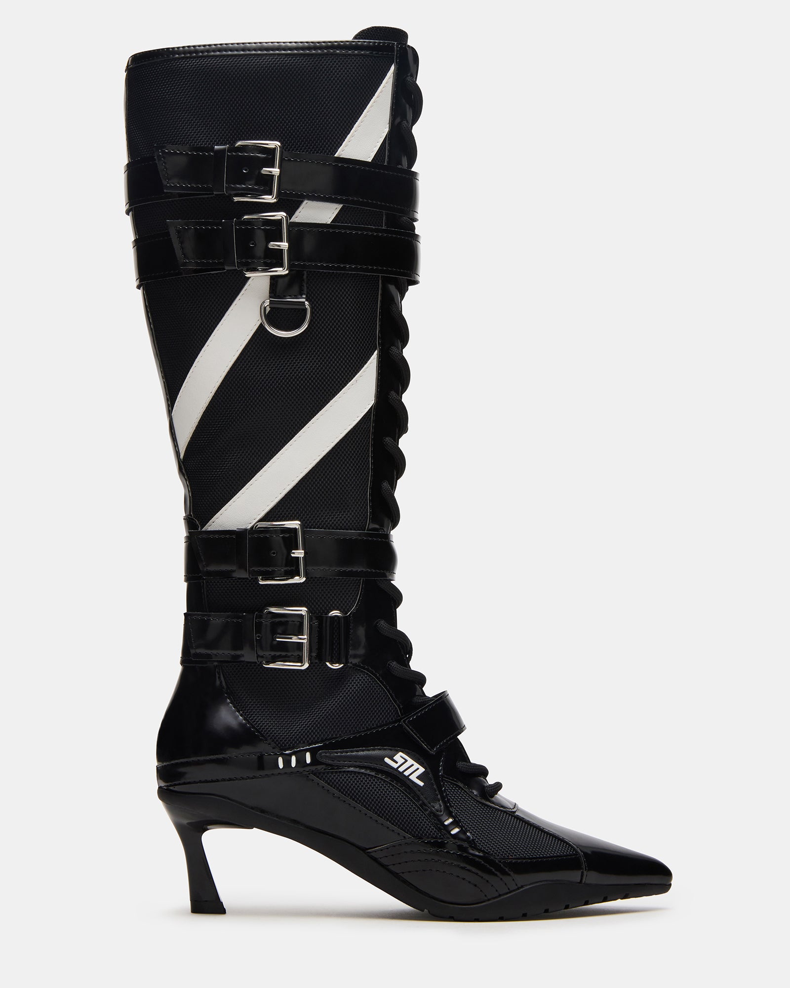 Fashionable Stark black kitten heel knee-high boots with pointed toe and buckle accents