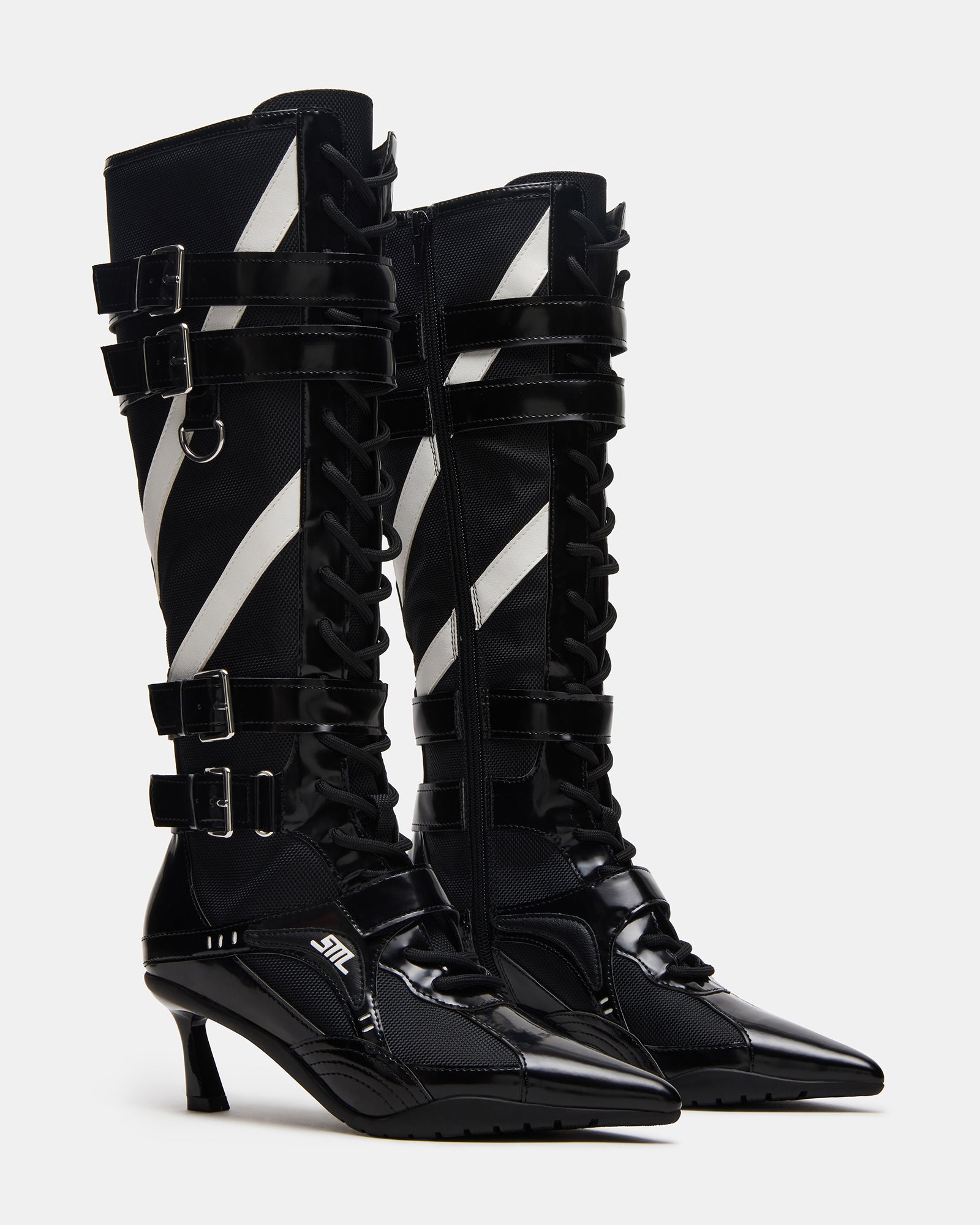 Side view of Stark black multi boots showcasing the 2-inch kitten heel and shaft details