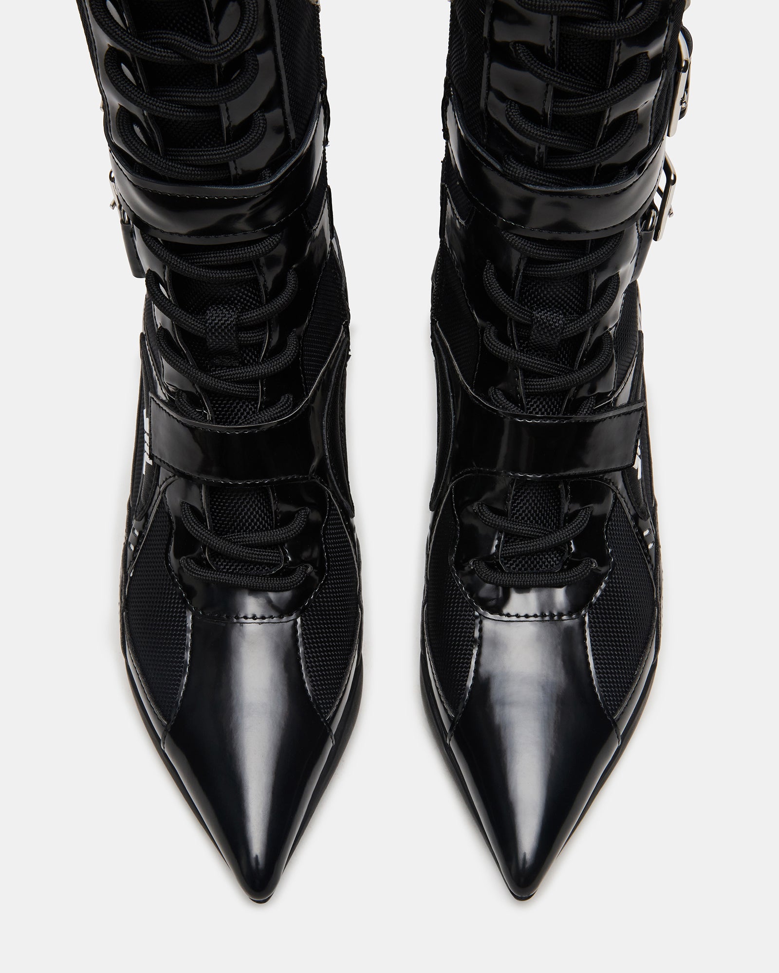 Fashionable Stark black kitten heel knee-high boots with pointed toe and buckle accents