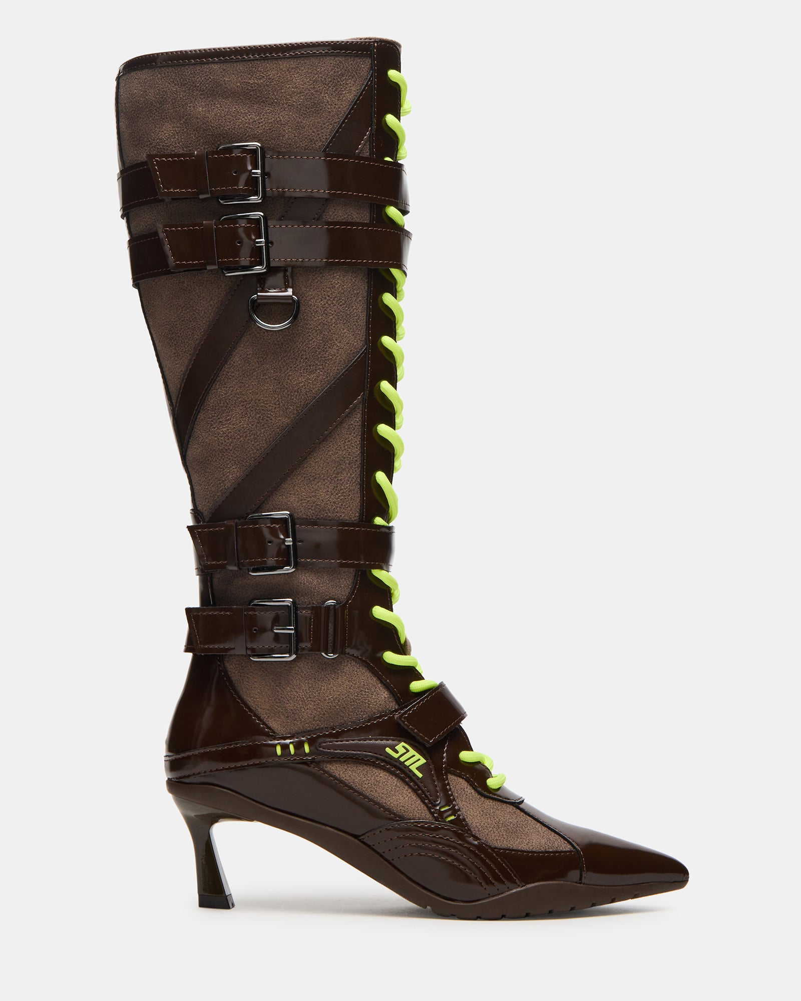 Side view of Stark brown knee-high boots with pointed toe and buckle accents