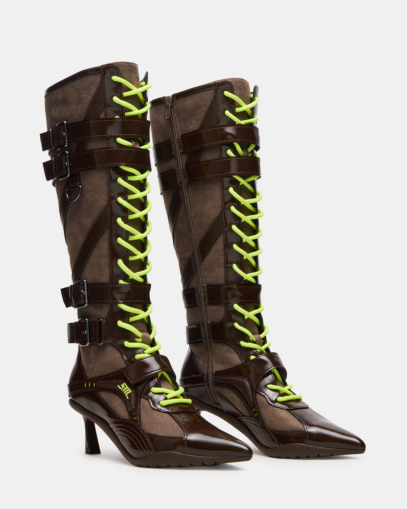 Styled outfit featuring brown knee-high boots with kitten heel