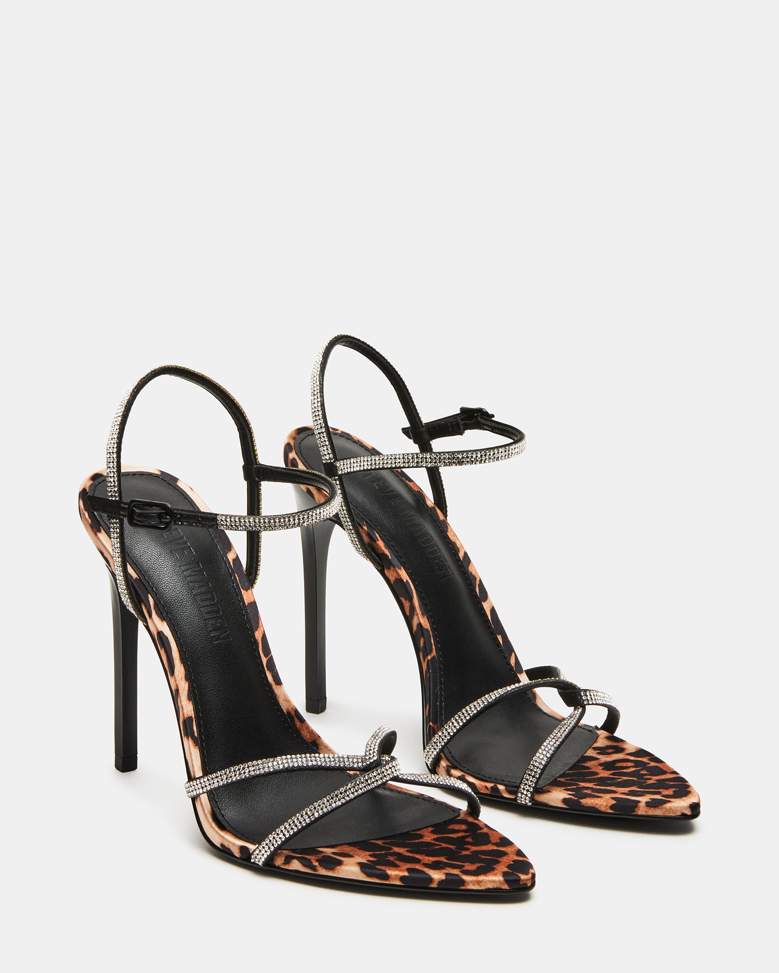 Side angle of black strappy sandals perfect for a night out.