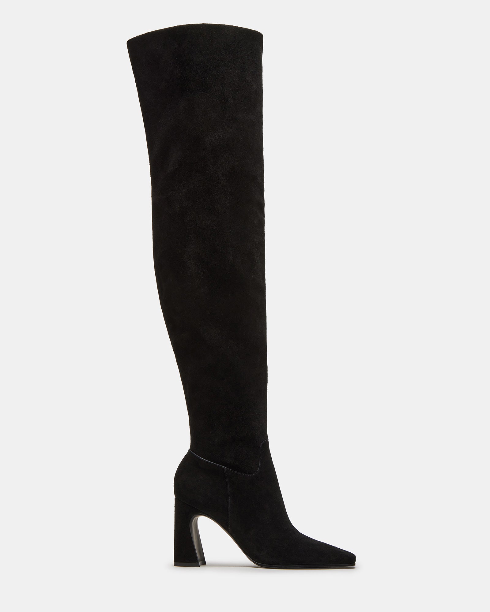 Side view of black suede over-the-knee boots with square toe for women