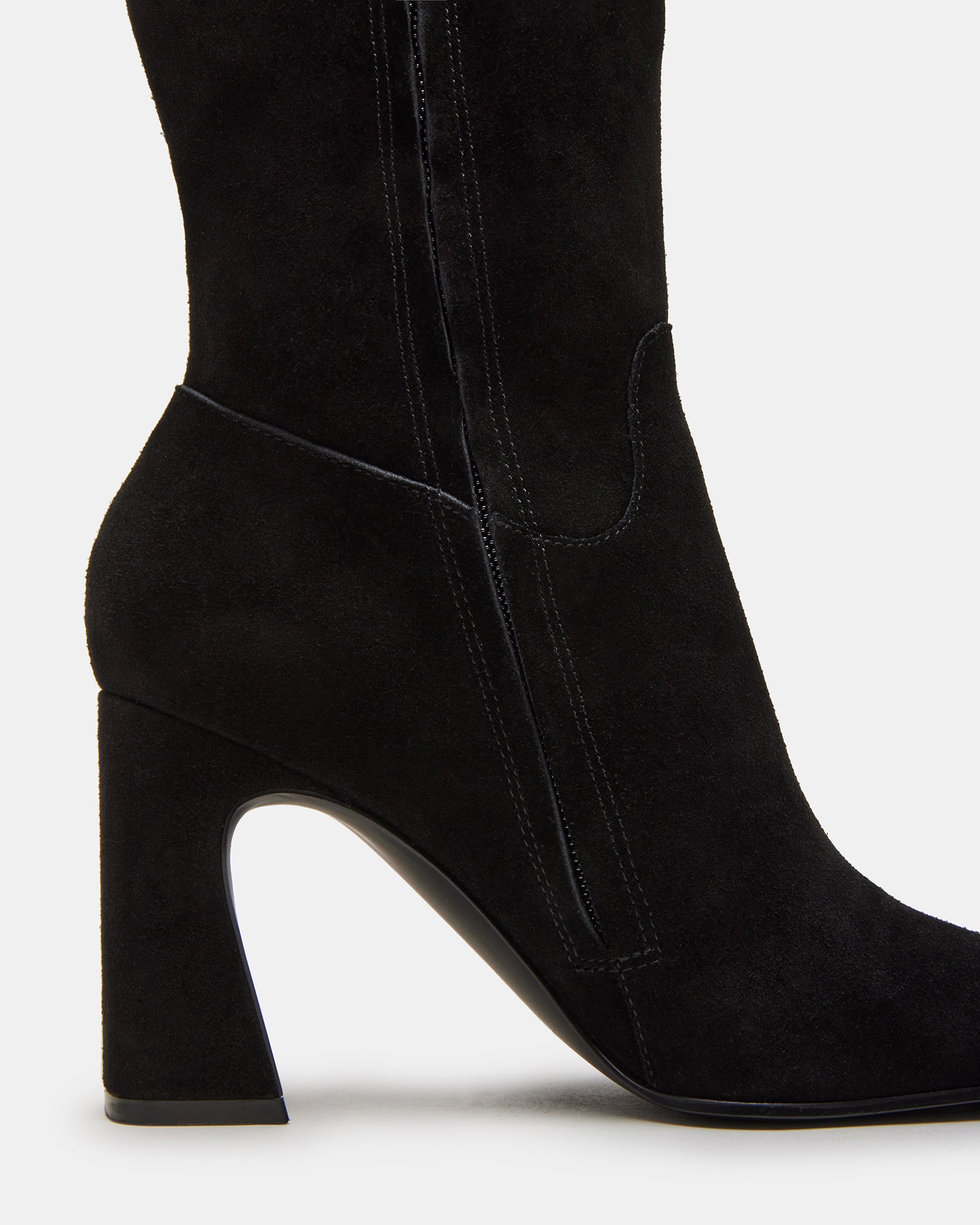 Side view of black suede over-the-knee boots with square toe for women