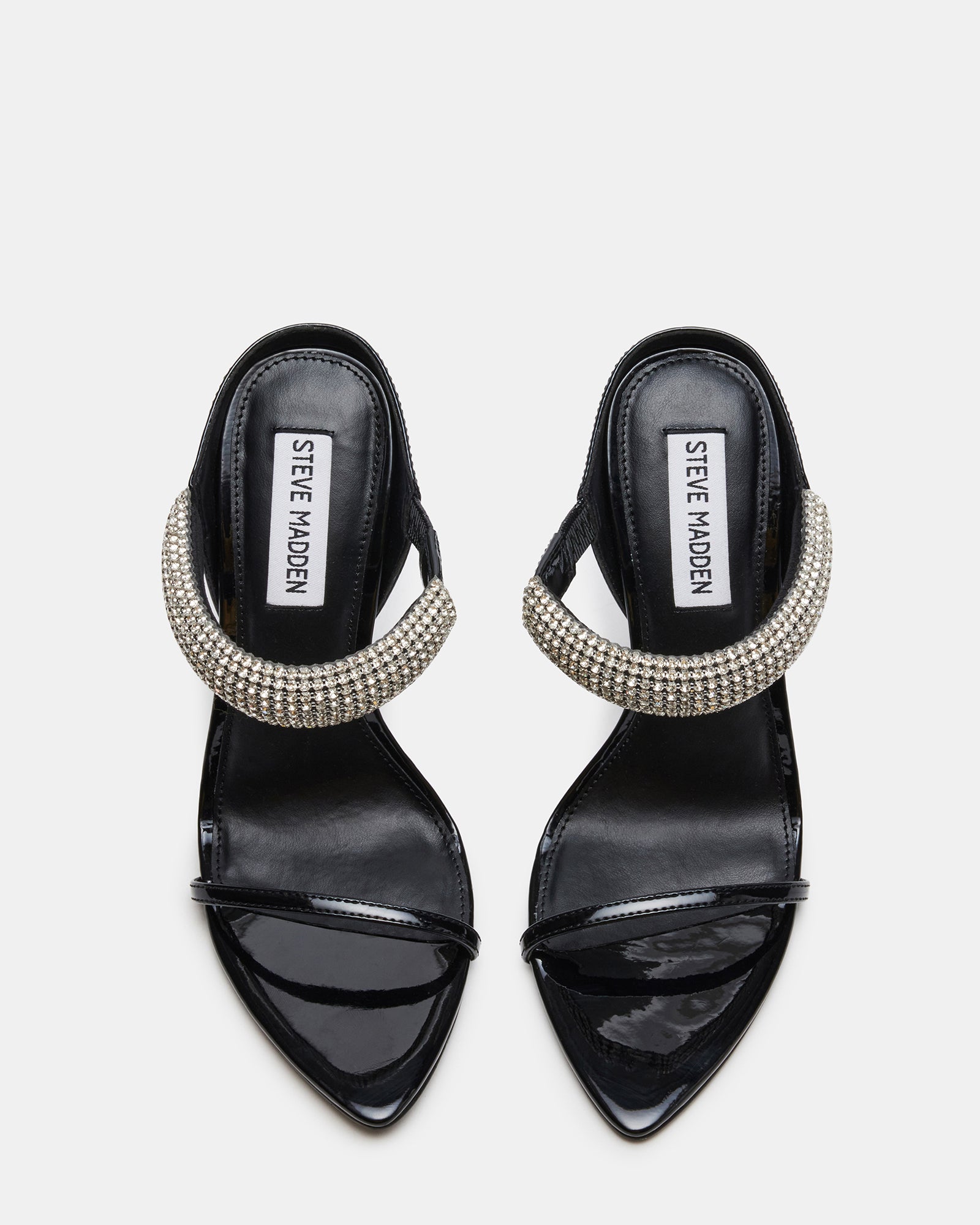 Close-up of the stiletto heel featuring sparkling rhinestones.