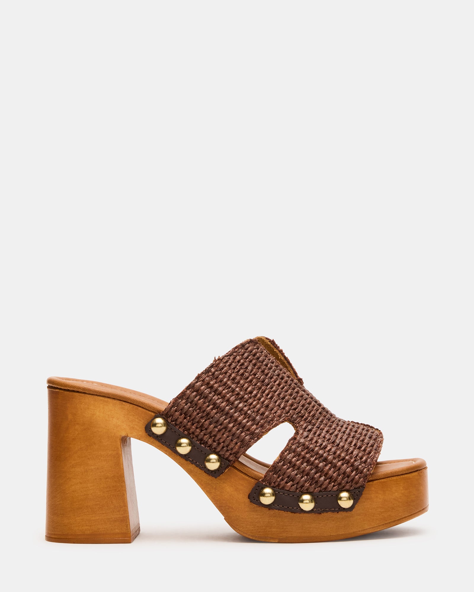 Side view of Sunkissed Brown Raffia Platform Sandals showcasing the block heel and stud details.