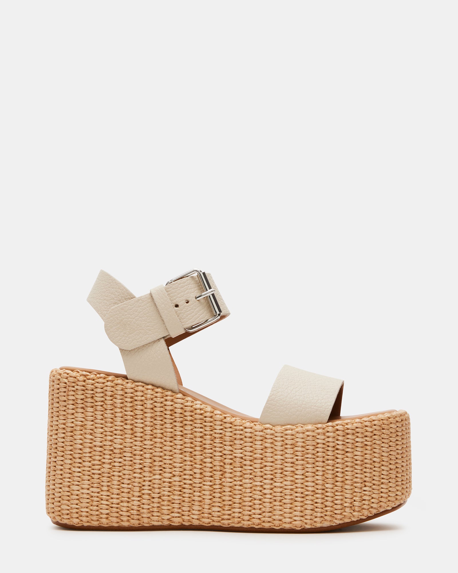 Side view of Sunset Bone Leather platform sandals with wedge heel and leather finish
