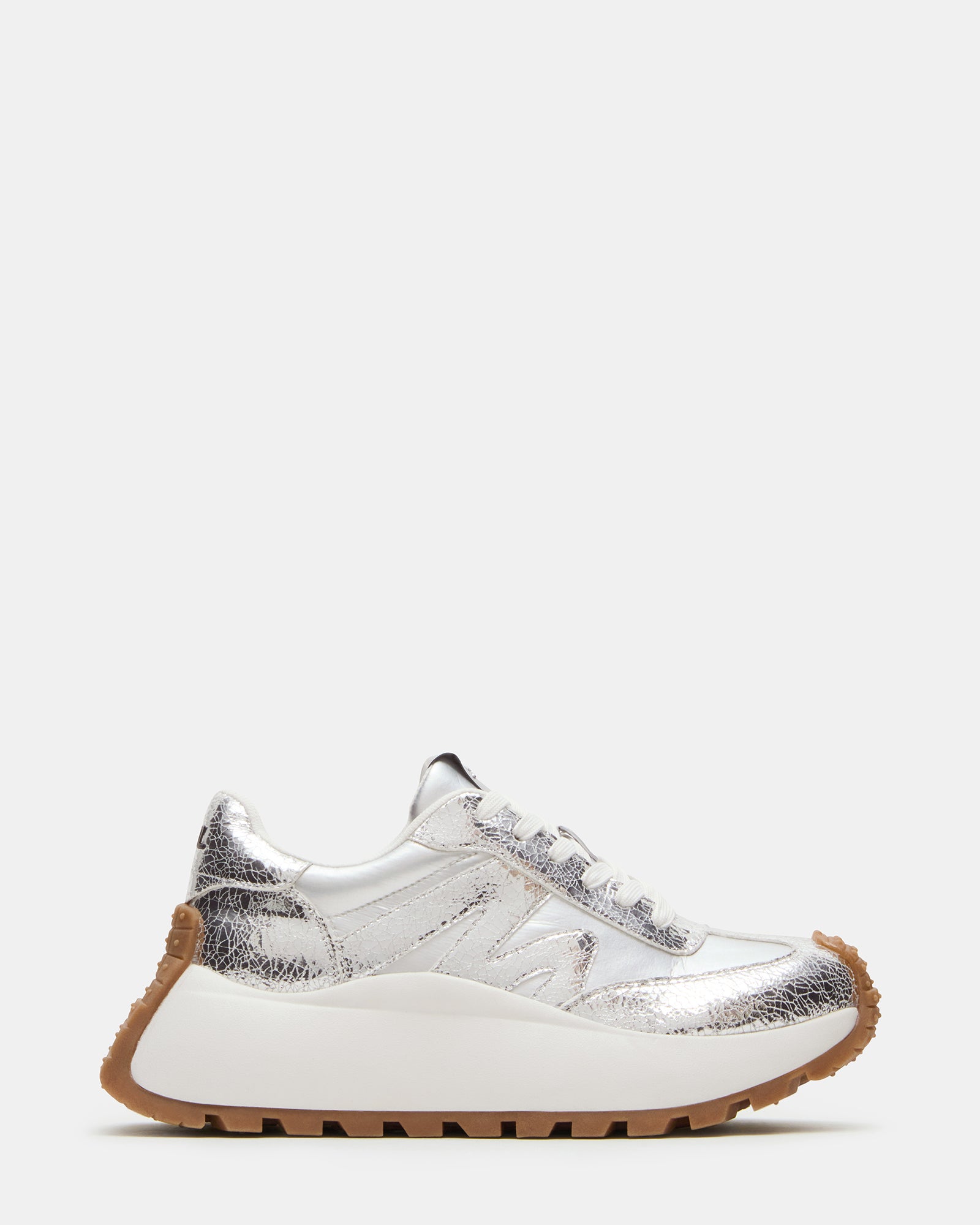 Close-up of Bottega chunky white platform sneakers showcasing the lace-up design.