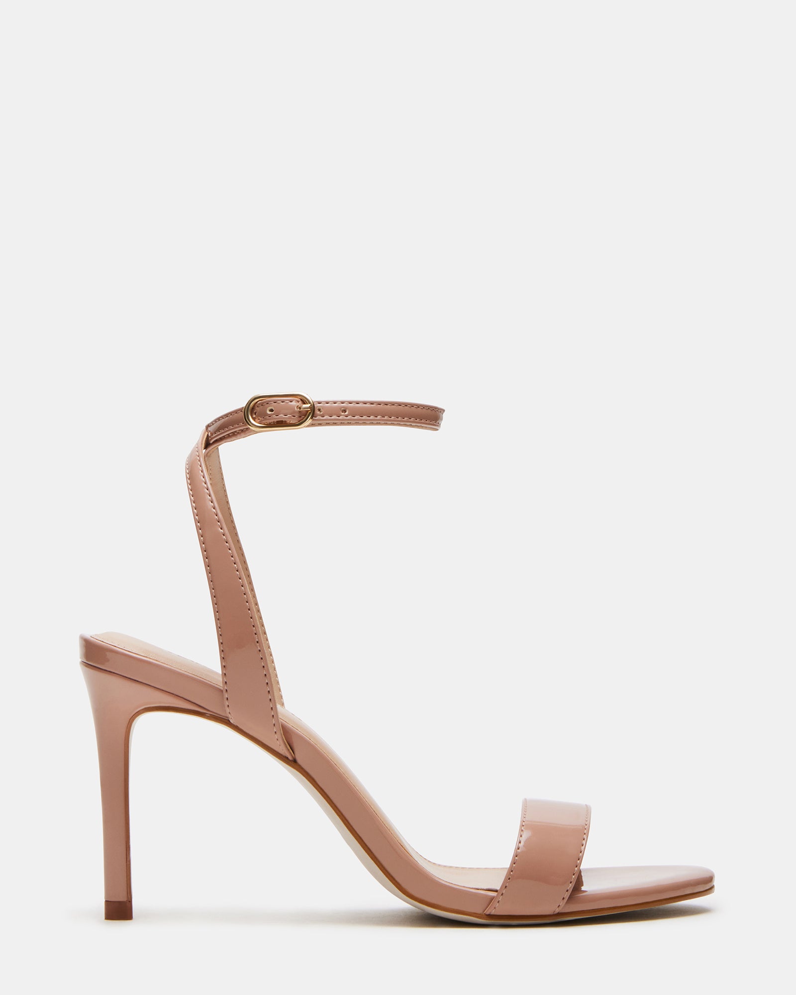 Close-up of Suzie ankle strap heel shoes showing patent finish